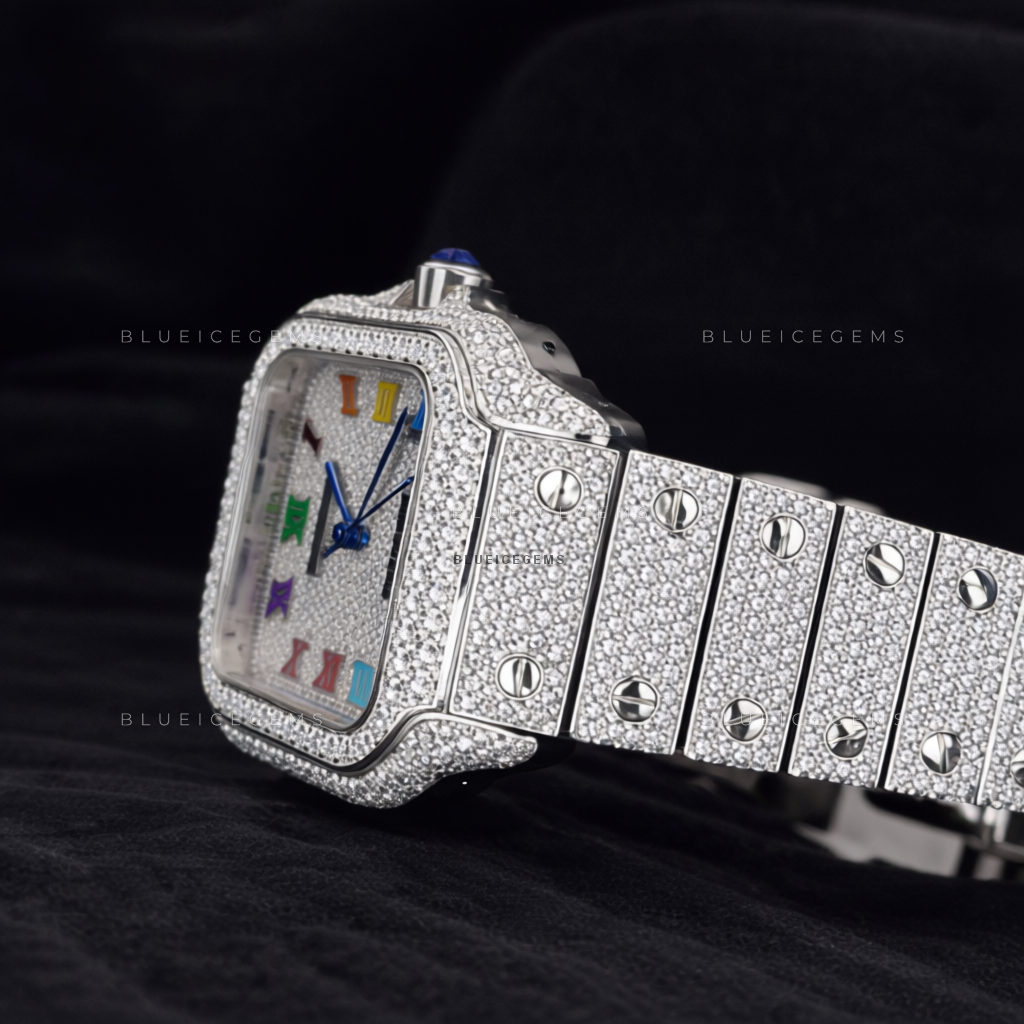 Celestial Prism: Fully Iced-Out Custom Rainbow Roman Watch
