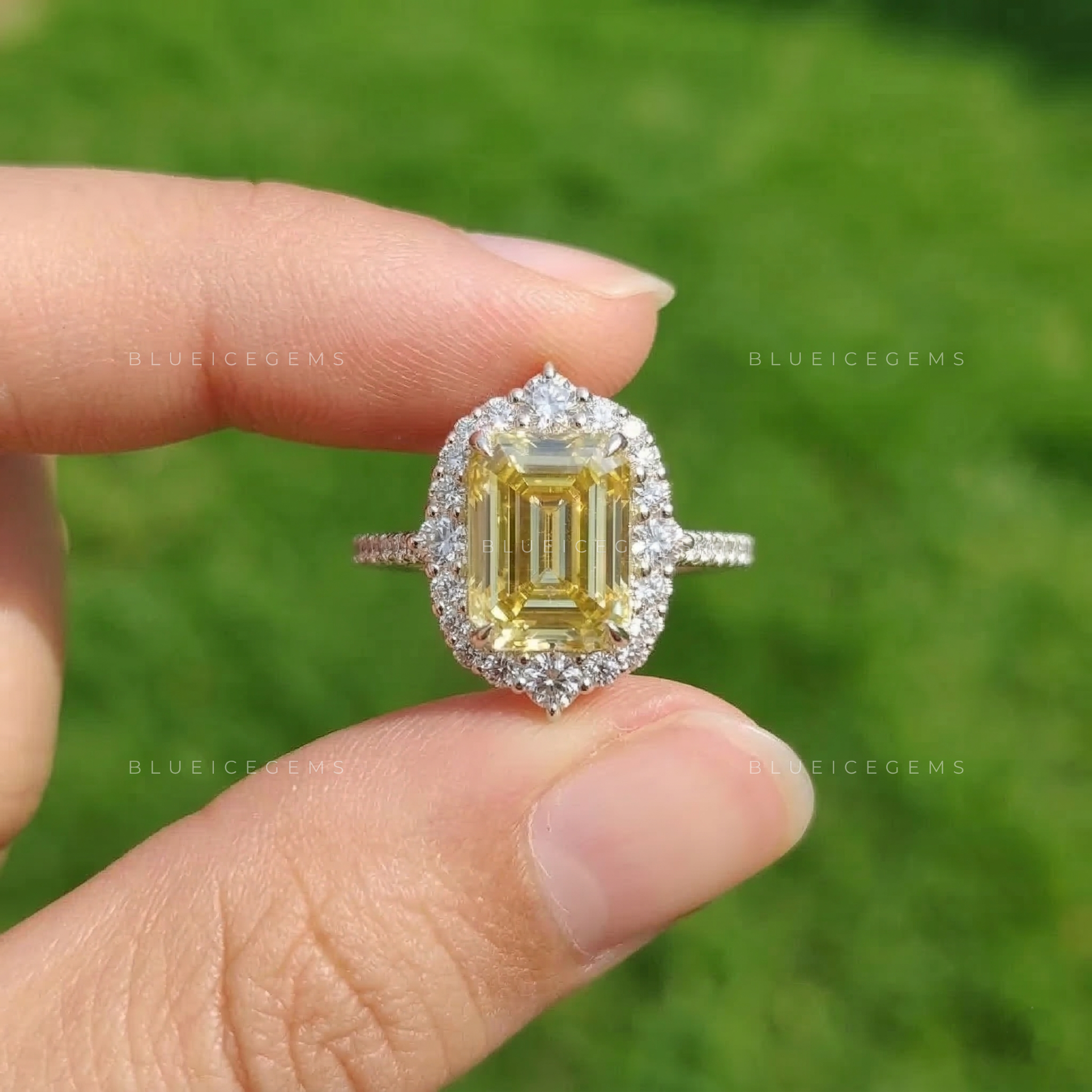 Gilded Majesty Canary Radiant Emerald Cut Halo Ring