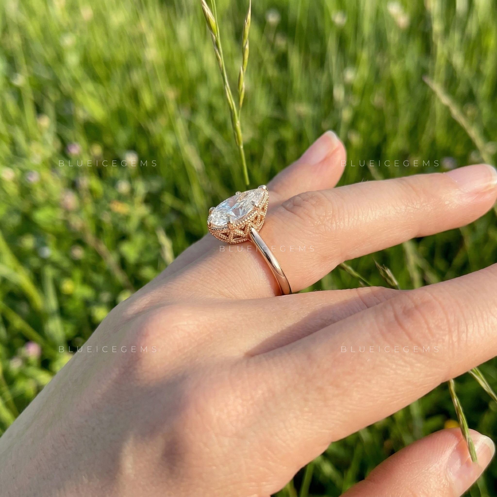 Midnight Bloom Pear Cut Lab Grown Diamond Hidden Halo Ring