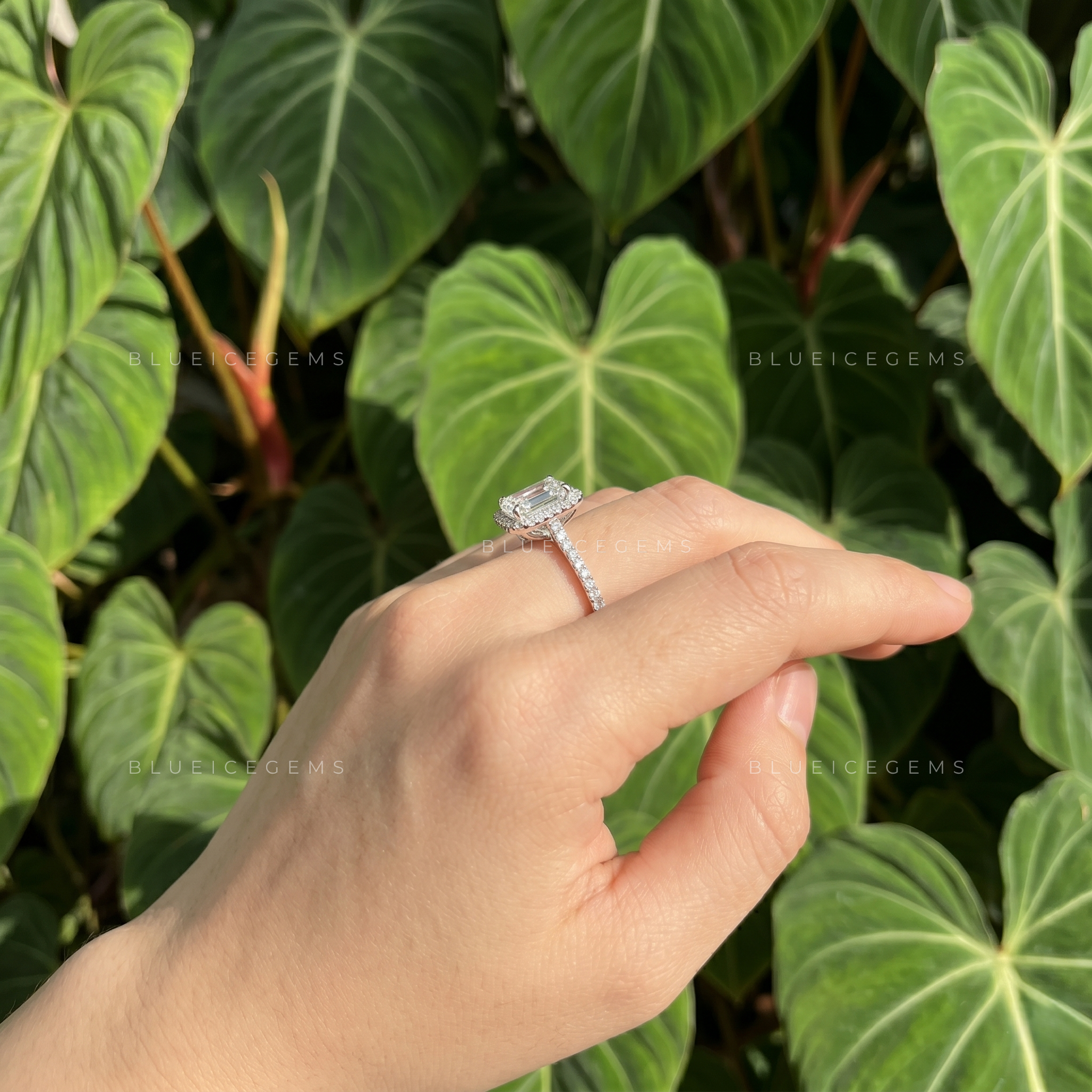 Opulent Harmony Emerald Cut Halo Engagement Ring with Pavé Band
