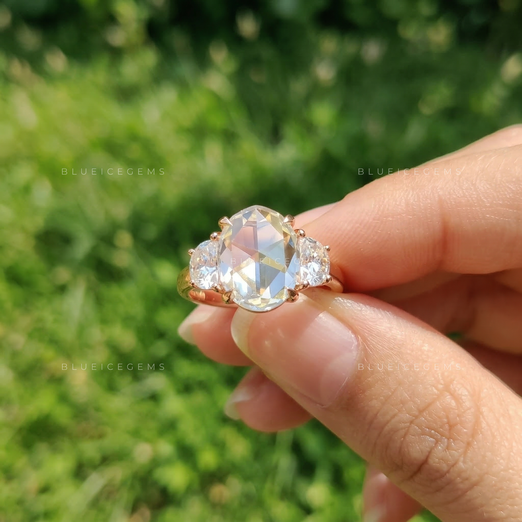 Vintage Oval Rose Cut Half Moon Trilogy Ring