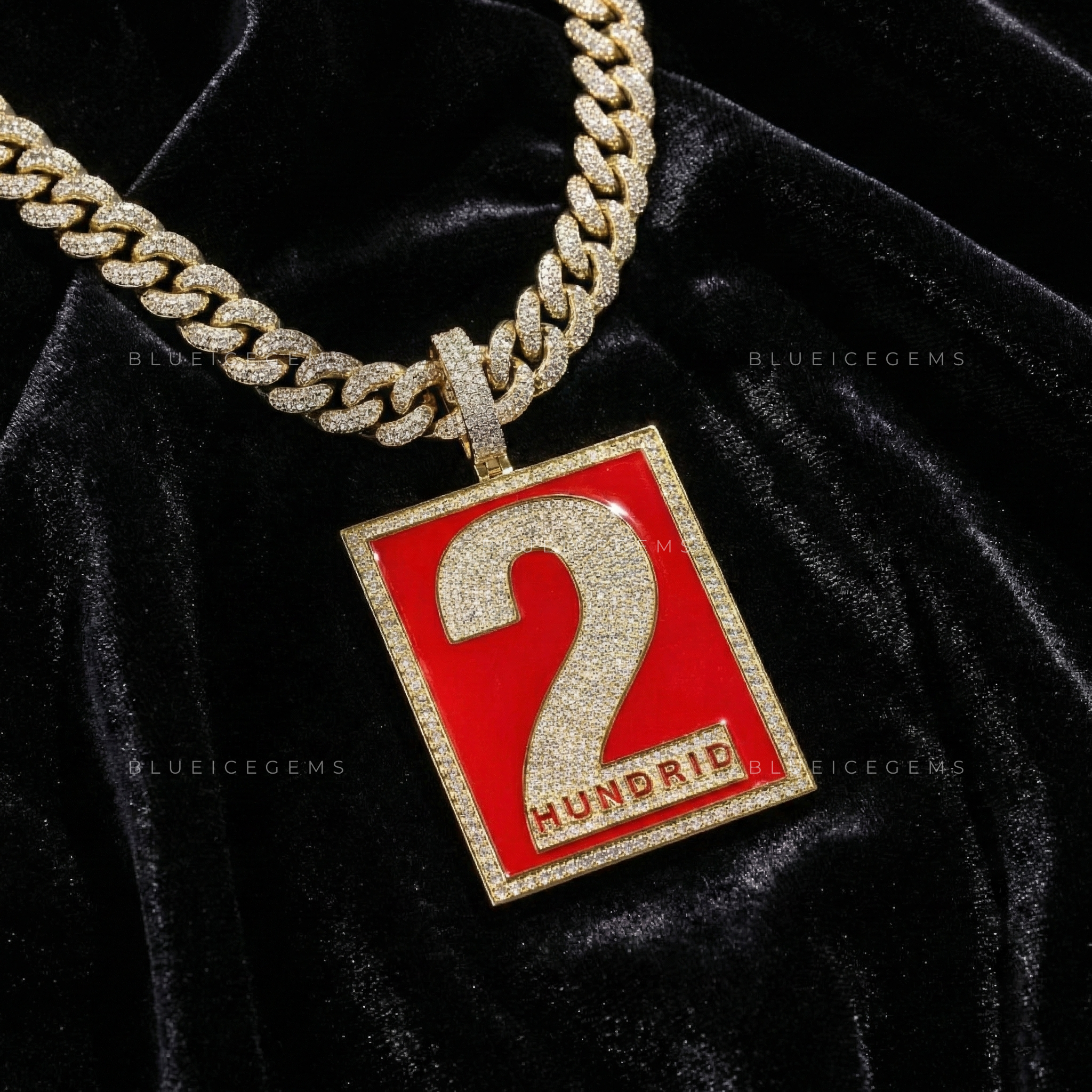 The "2 HUNDRID" Crimson Tablet: Enamel Mosaic & Iced-Out Numerology Pendant