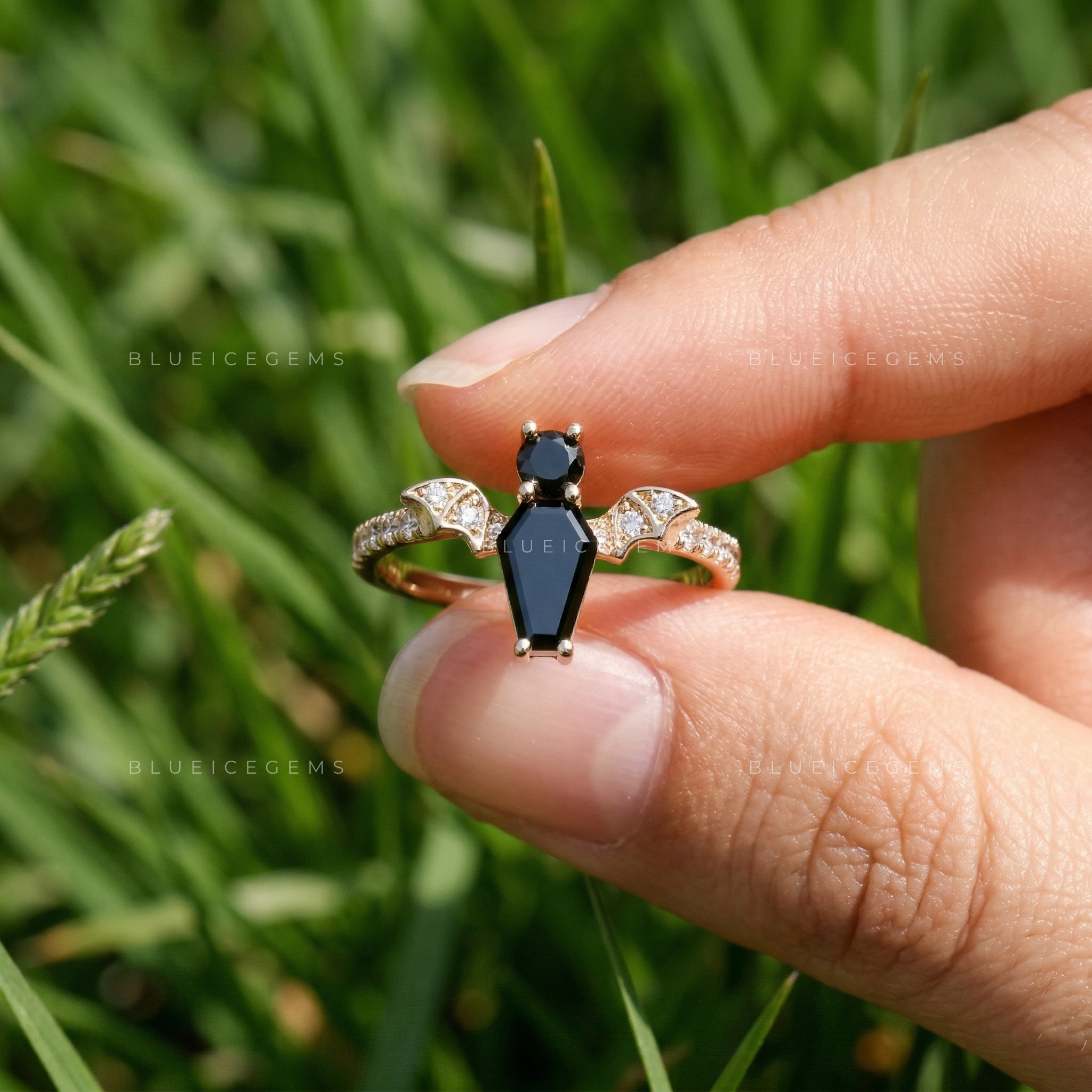 Midnight Noir Coffin & Round Cut Black Diamond Toi et Moi Ring