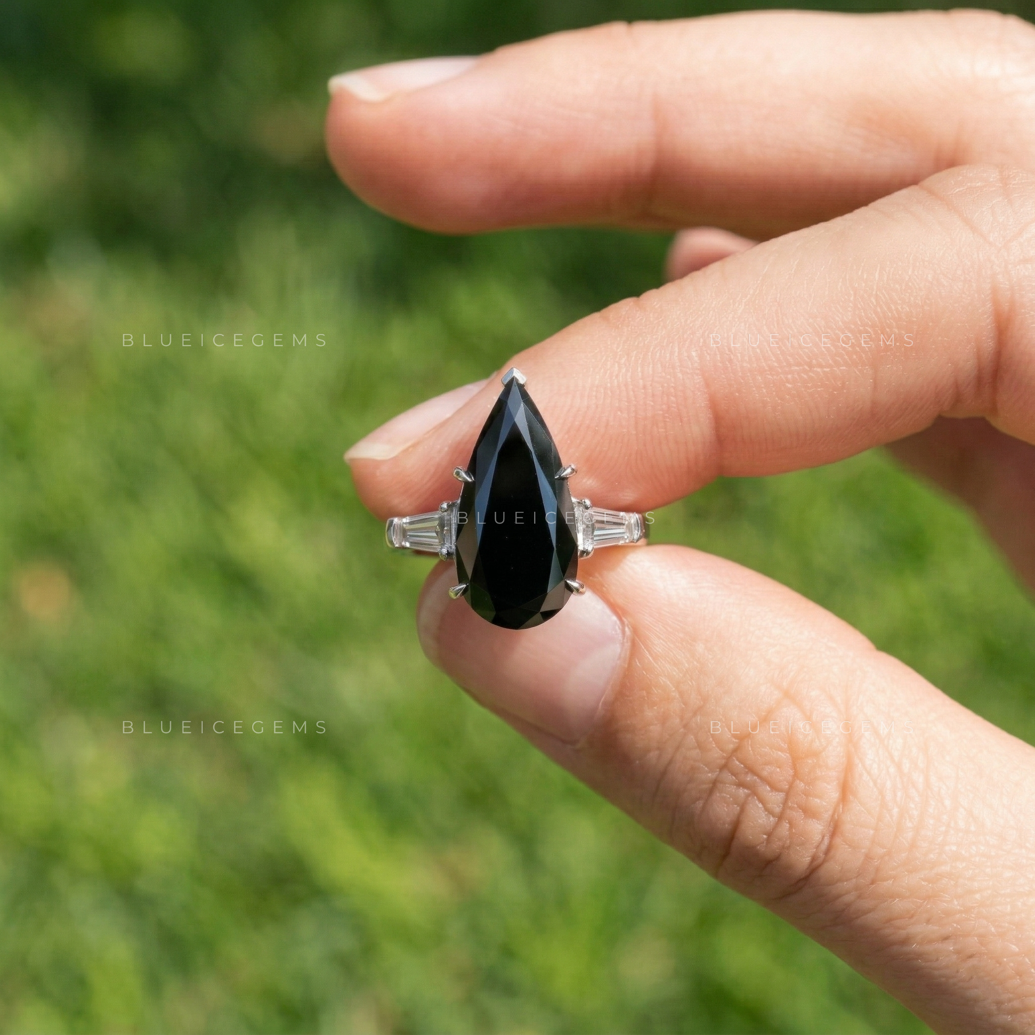 Midnight Noir Elongated Pear Cut Black Moissanite Art Deco Ring