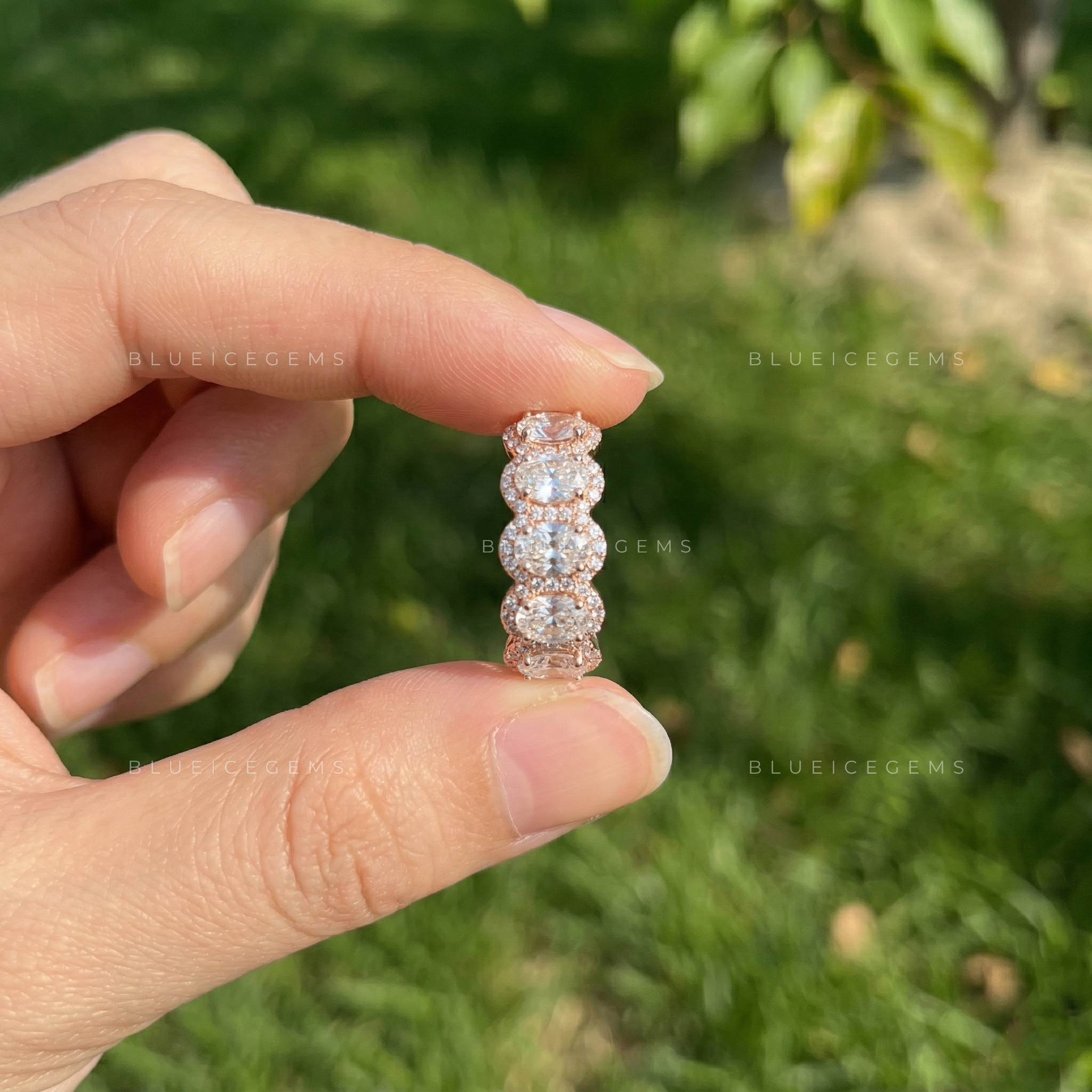 Radiant Oval Cut Halo Pave Wedding Band With Brilliant Accents