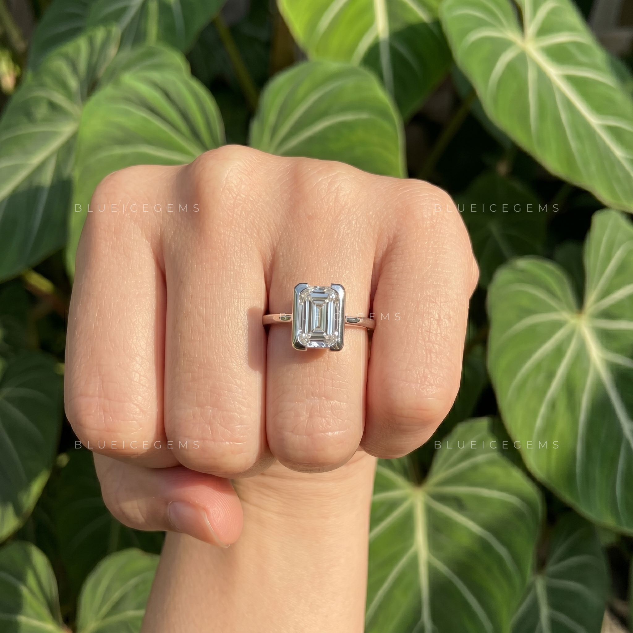 Modern Minimalist Emerald Cut Half Bezel Solitaire Engagement Ring
