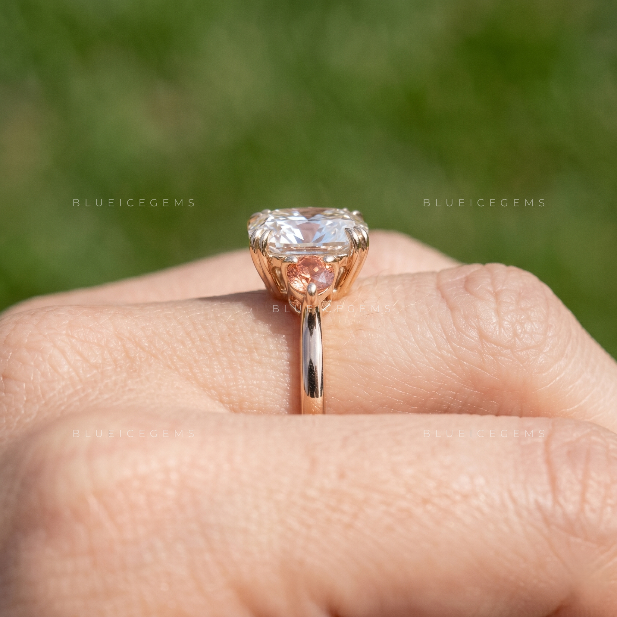 Enchanted Romance Cushion Cut Trilogy Side Peach Morganite Engagement Ring