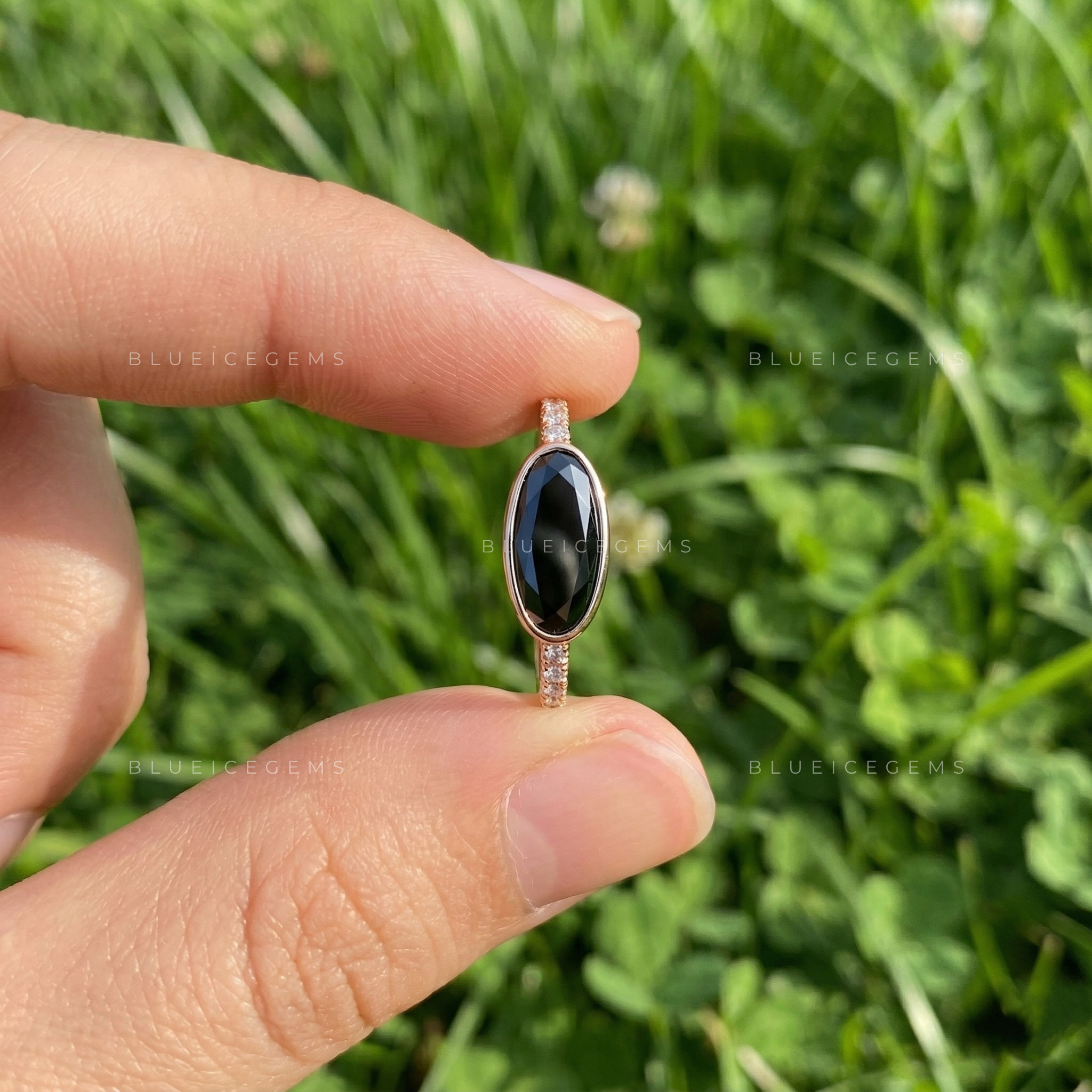 Midnight Noir Moval Cut Black Moissanite Accent Ring