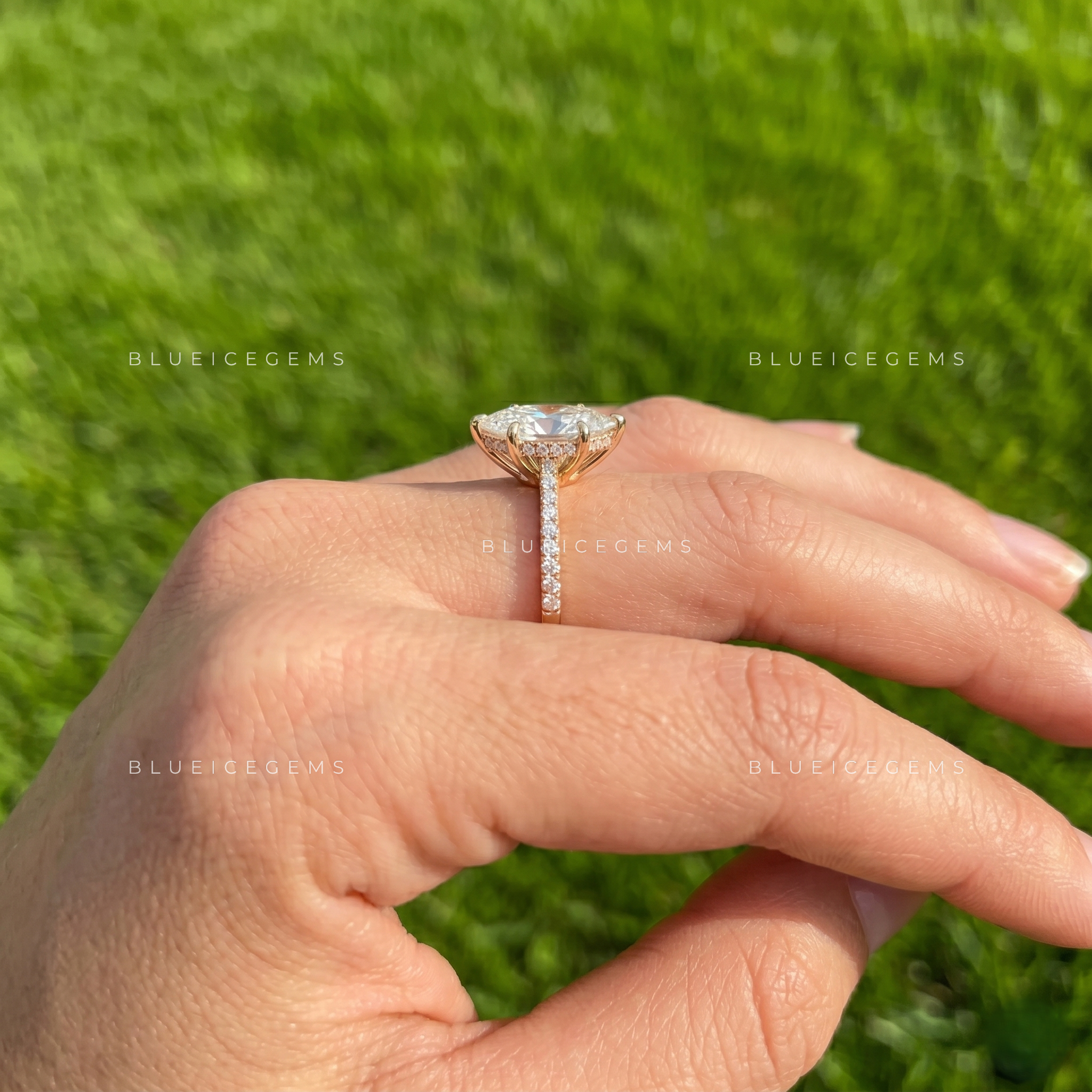 East-West Marquise Cut Cathedral Hidden Halo Engagement Ring
