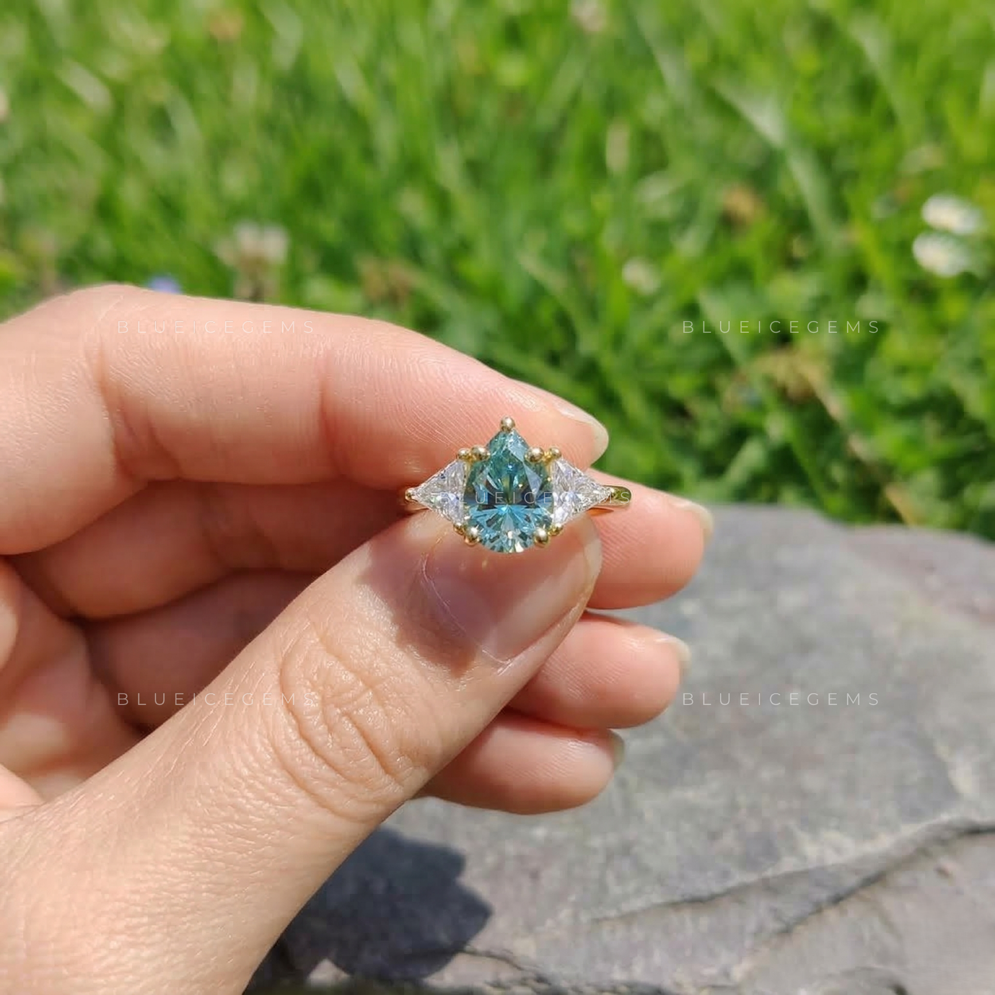 Azure Teardrop Geometric Triangle Three Stone Statement Ring