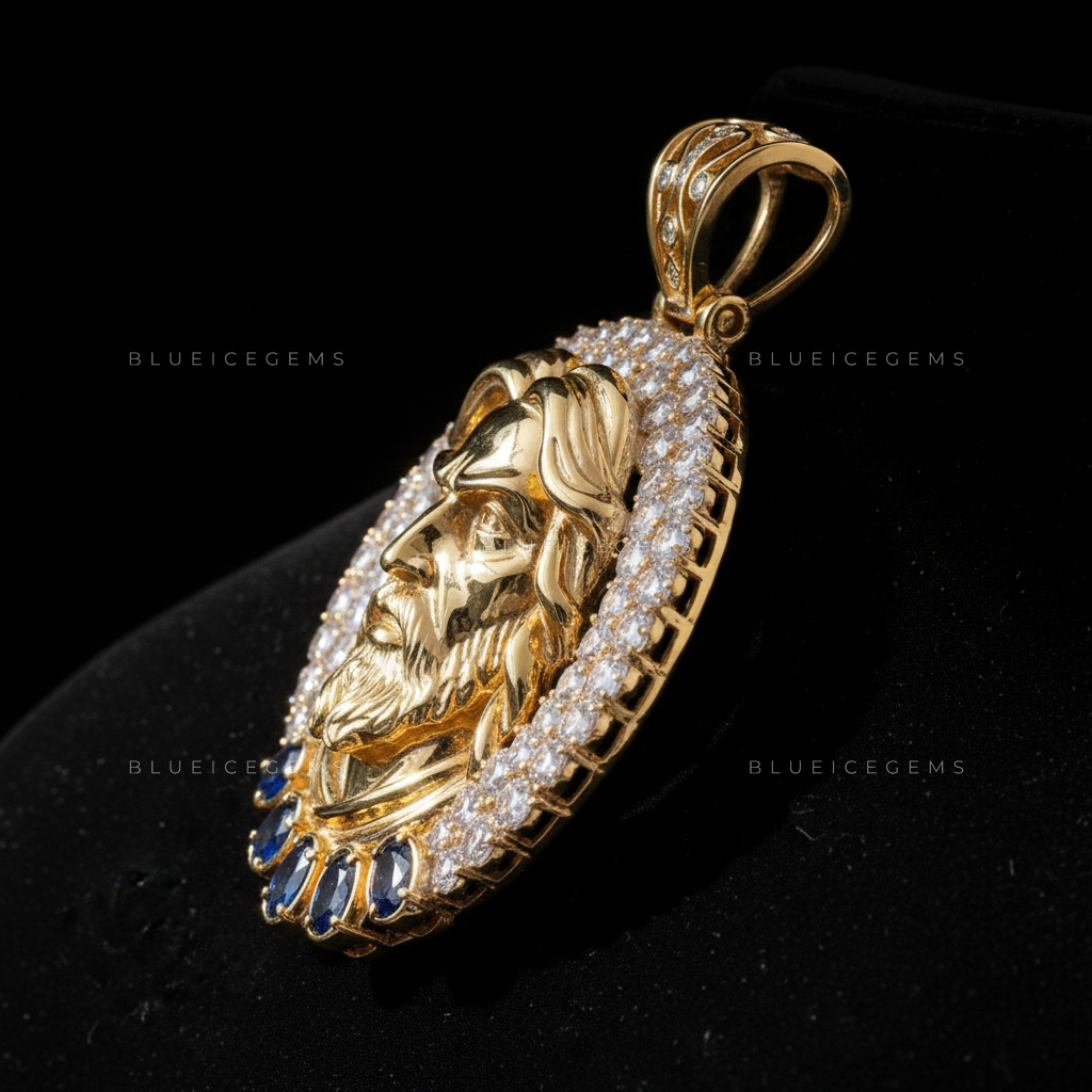 The "Divine Sovereign" Medallion: Sculptural Gold Portrait & Azure Sapphire Halo