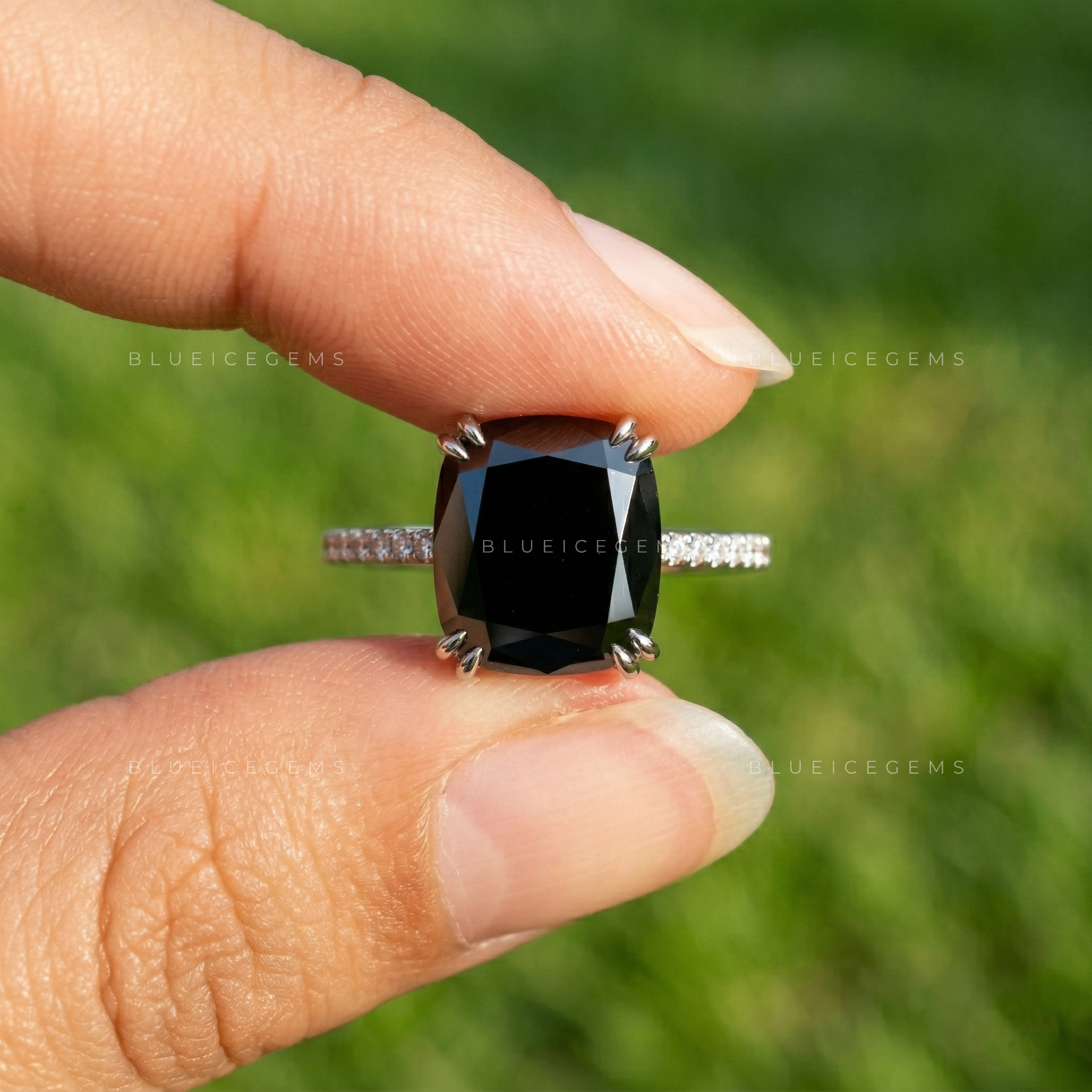 Modern Noir Cushion Cut Black Moissanite Hidden Halo Ring