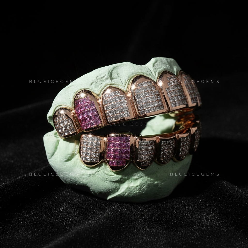 Rose Gold Pink Sapphire & Diamond Block Grillz