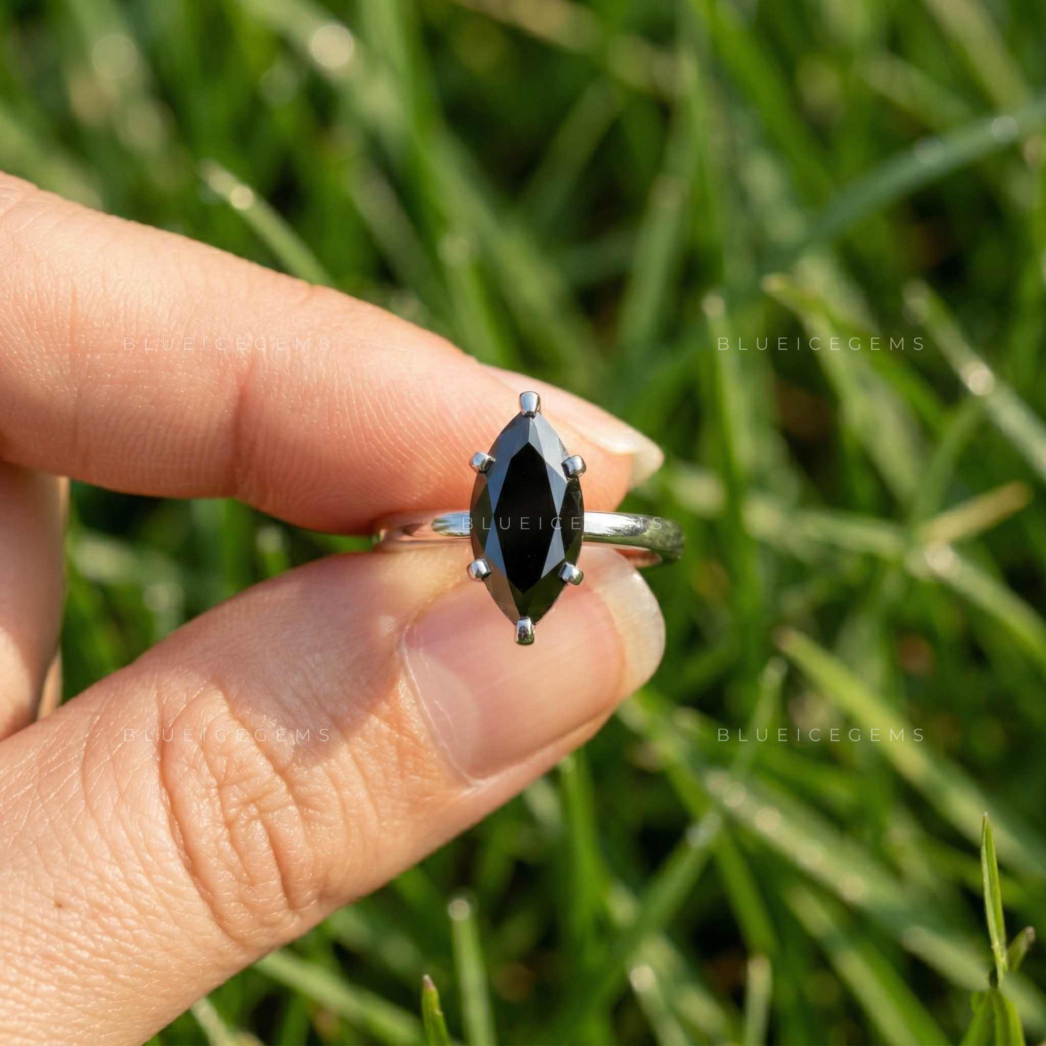 Midnight Noir Marquise Cut Black Diamond Hidden Halo Ring
