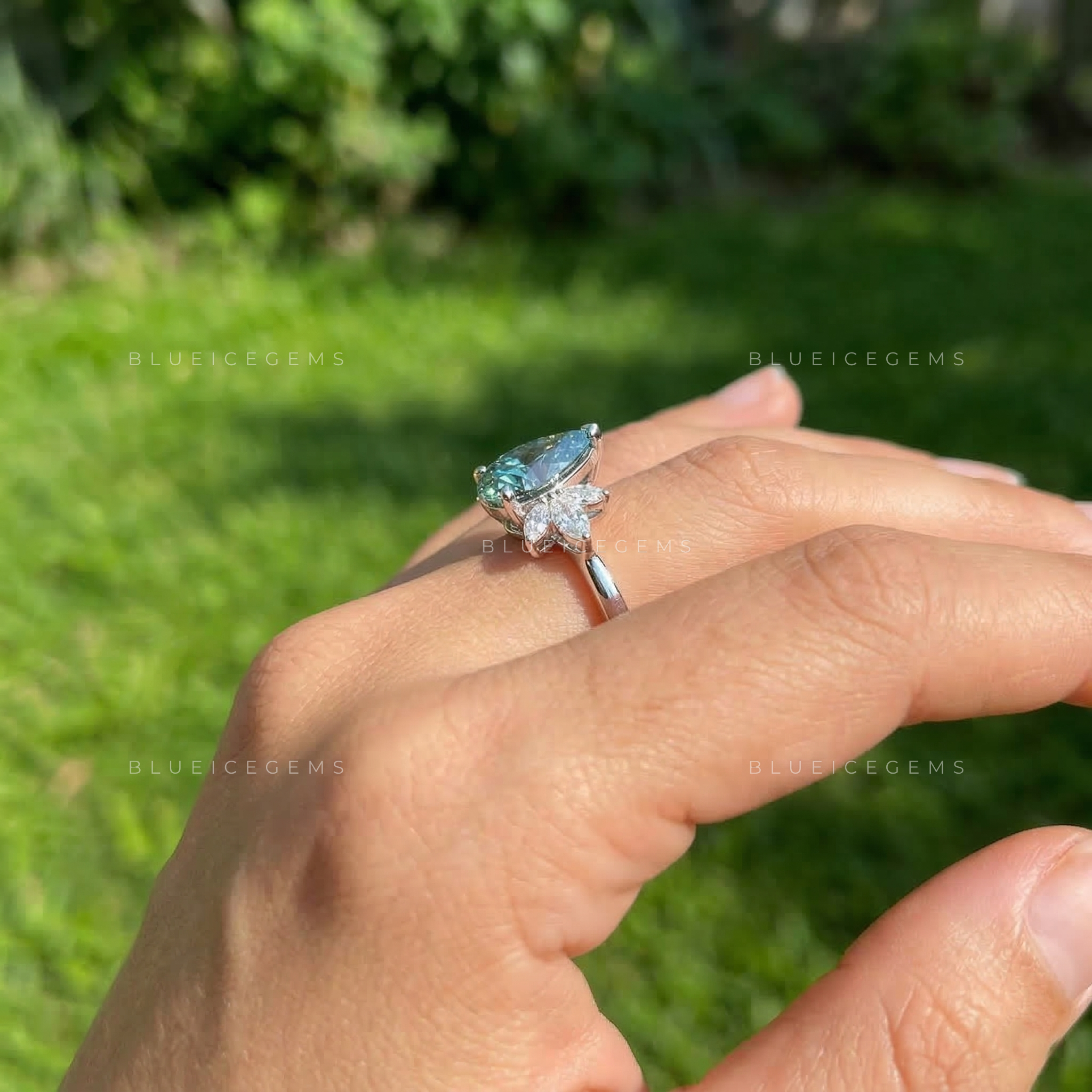 Oceanic Mist Pear Cut Cluster Ring