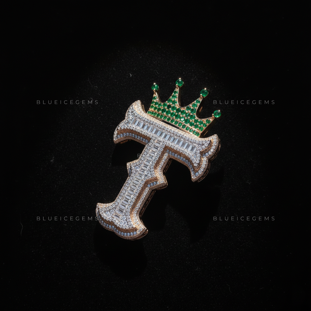 The "T" Royal Emerald: Baguette-Fusion Gothic Script & Emerald-Encrusted Crown