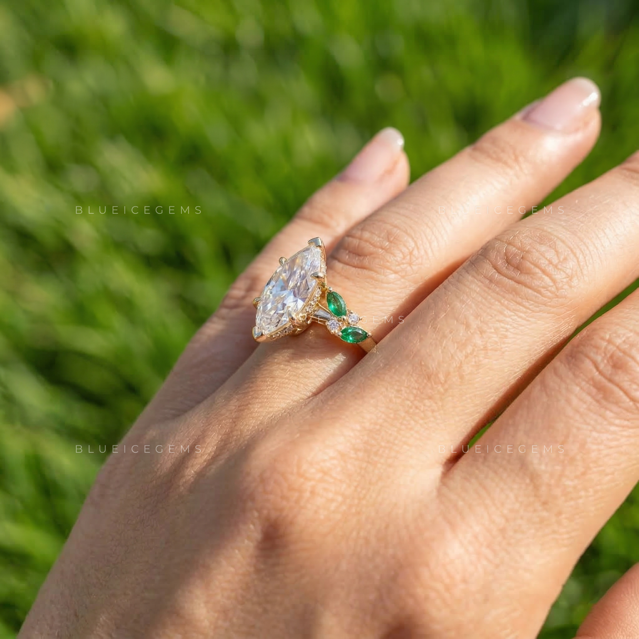 Botanical Harmony Marquise and Emerald Cluster Ring