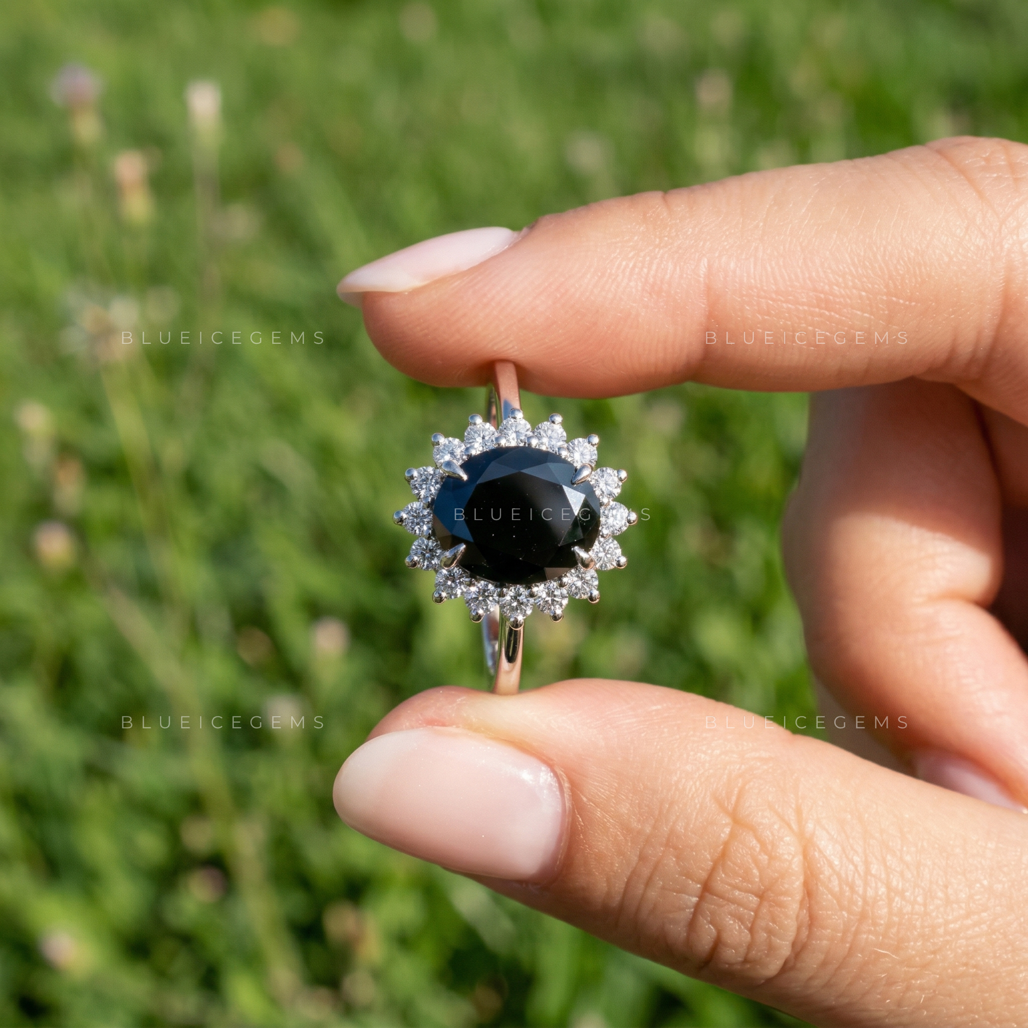 Midnight Noir Oval Cut Black Moissanite Hidden Halo Ring
