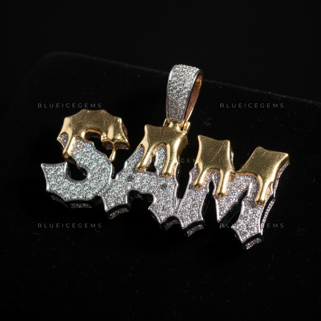 "SAM" Custom Two-Tone Iced-Out Pendant with Liquid Drip Detail