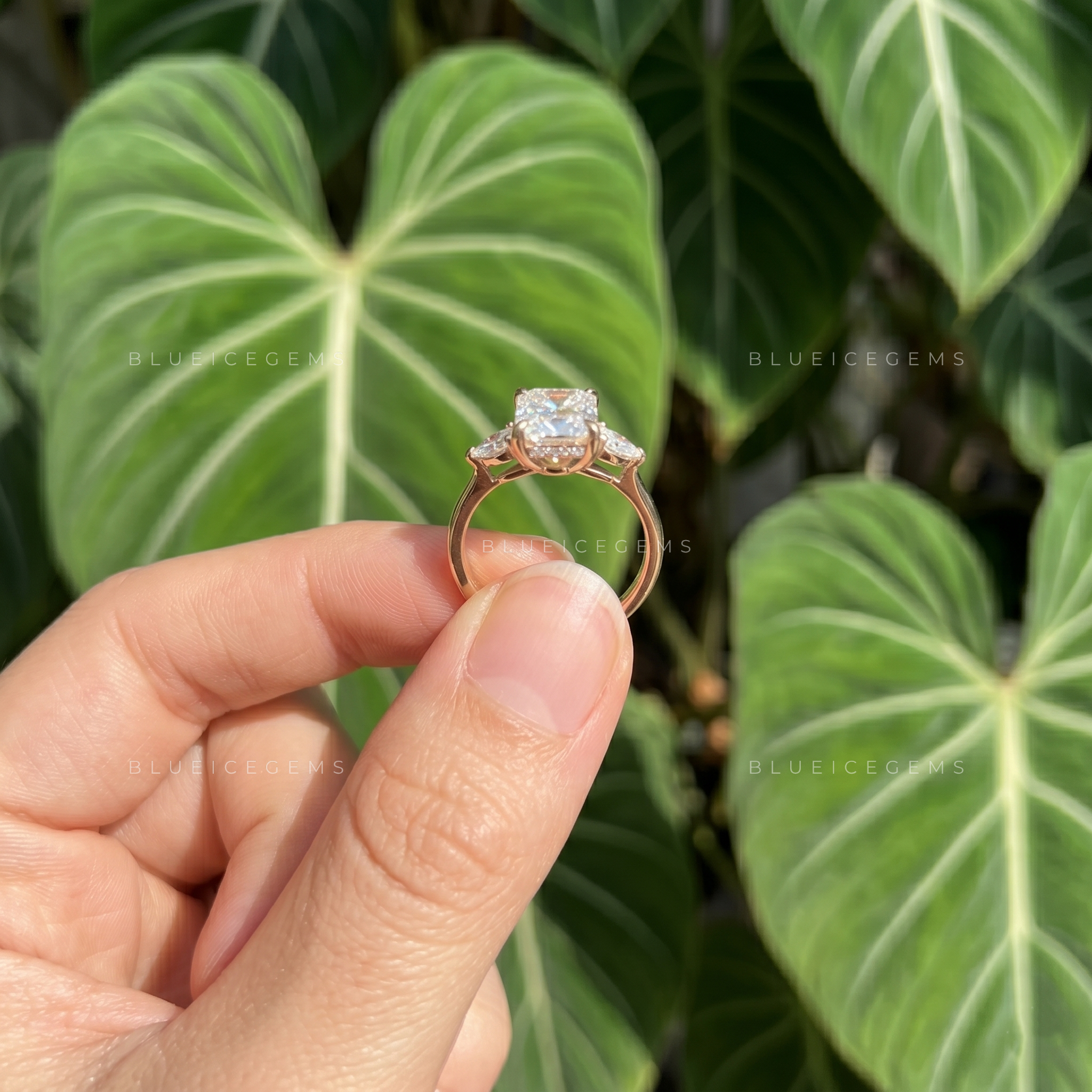 Radiant Cut Three Stone Engagement Ring with Marquise Side Accents