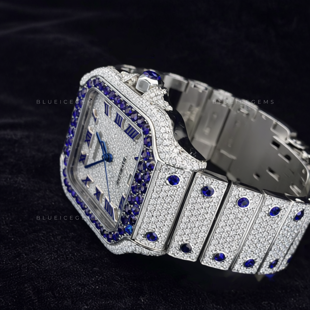 Midnight Sapphire: Fully Iced-Out Custom Moissanite & Diamond Watch