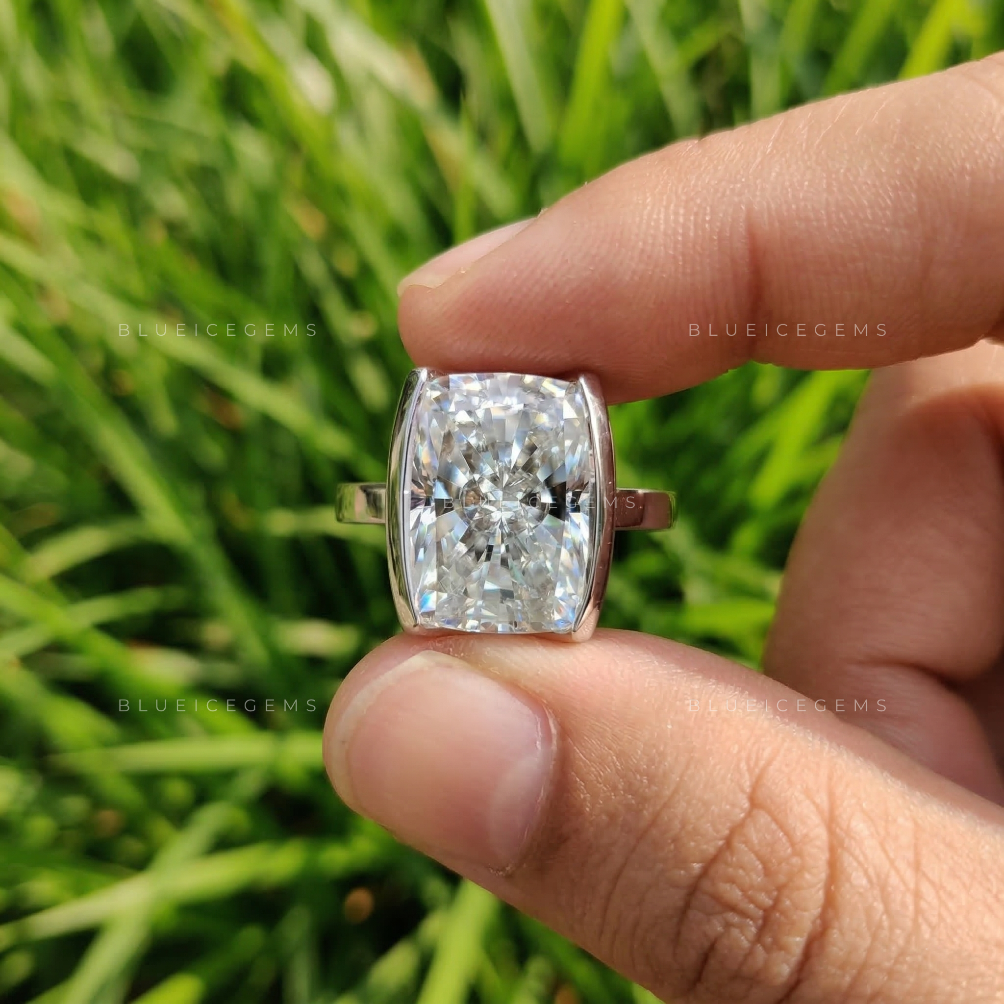 Divine Elongated Cushion Half Bezel Solitaire Statement Ring