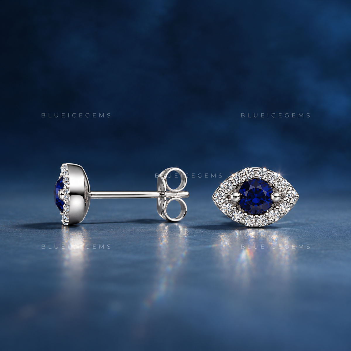 Blue Sapphire Evil Eye Stud Earrings