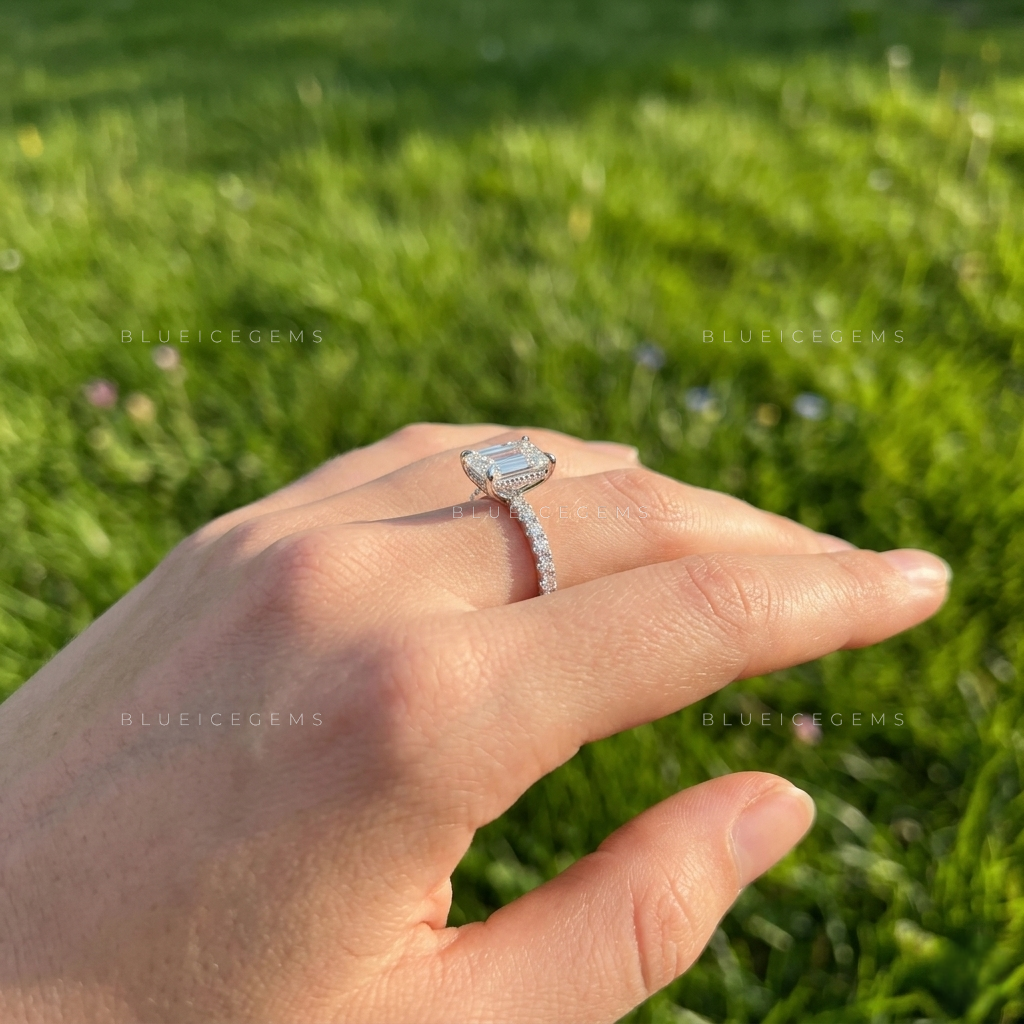Emerald-Cut Cathedral Setting Pave Accented Engagement Ring