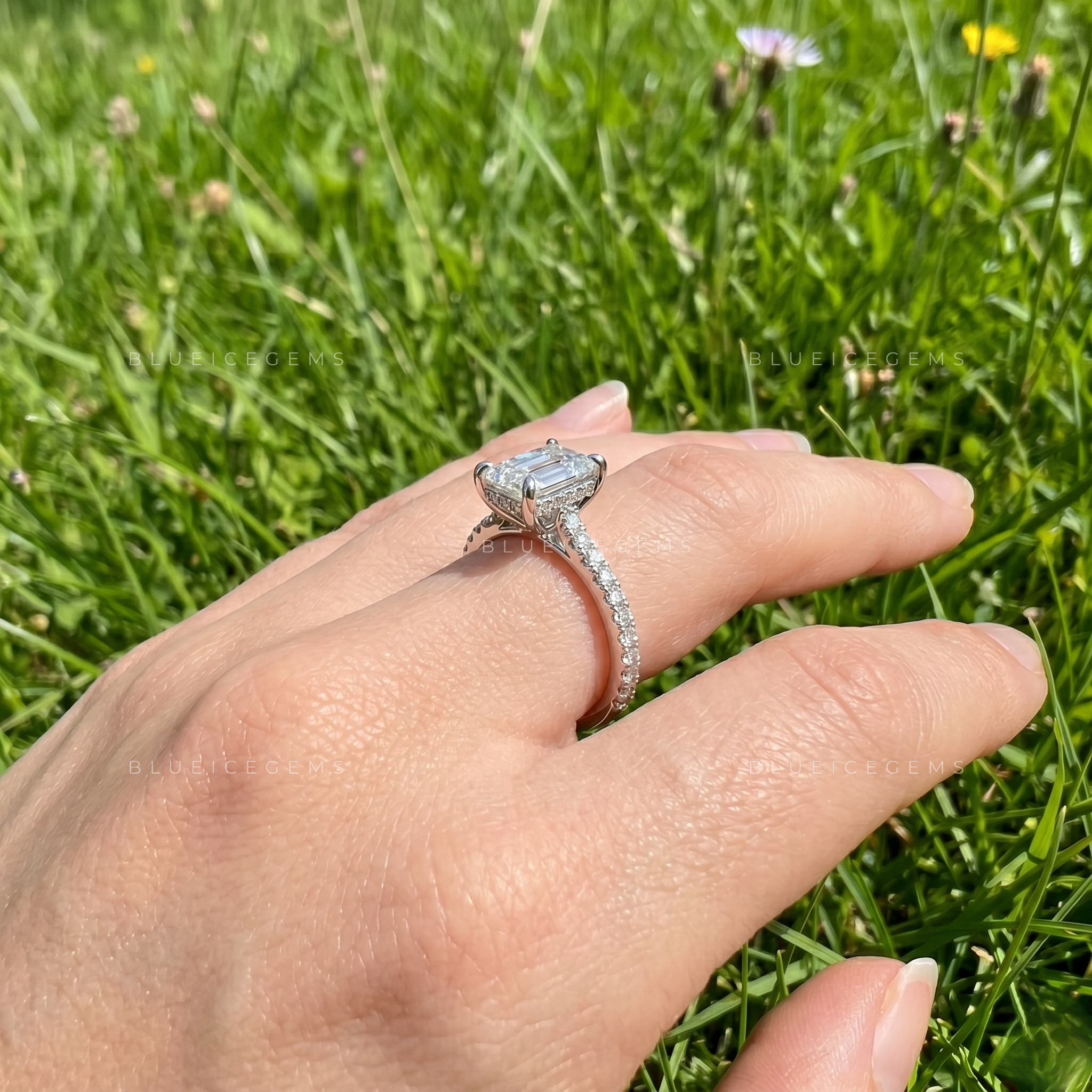 Enchanted Grandeur Emerald Cut Pave Hidden Halo Engagement Ring