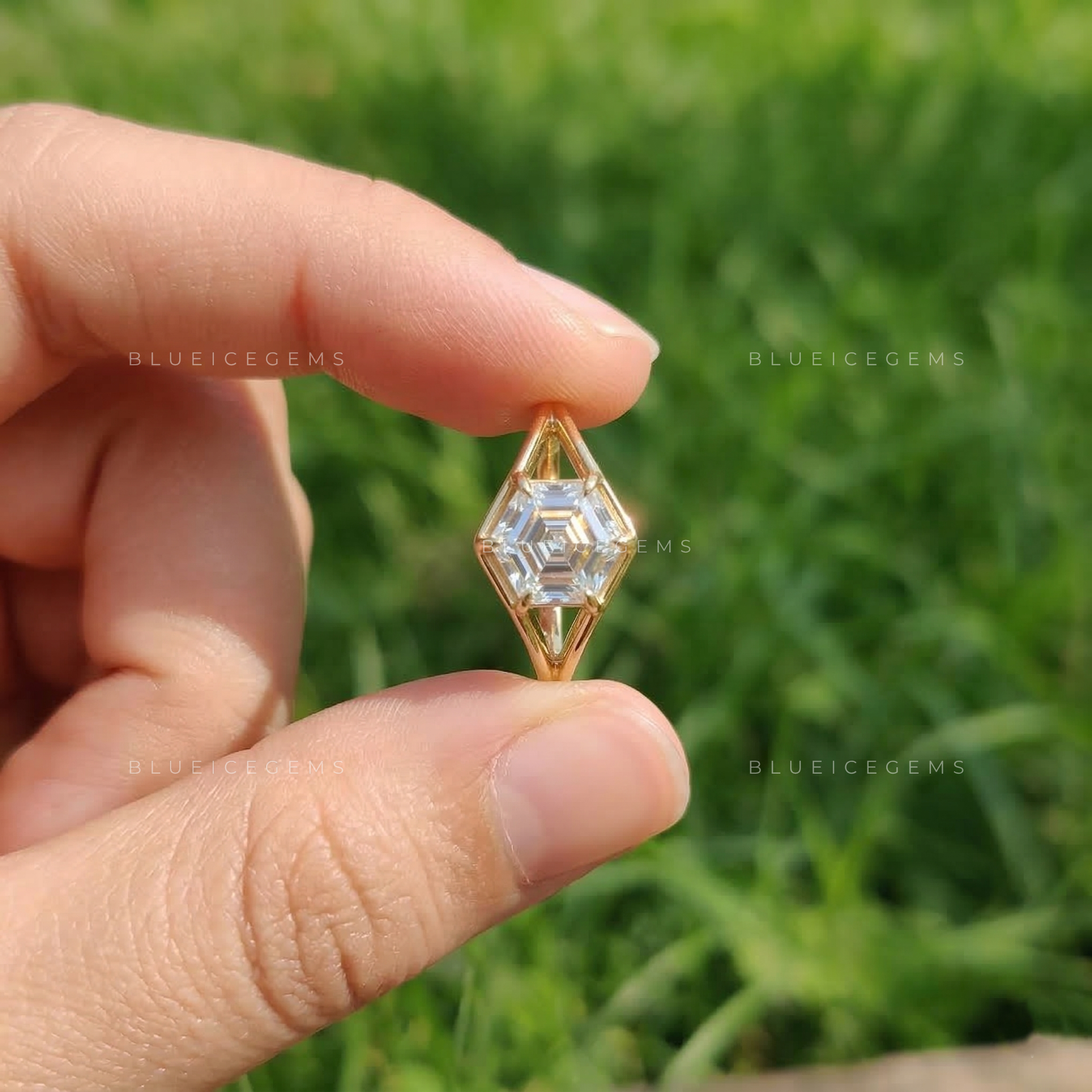 Geometric Essence Hexagon Step Cut Six Prong Ring