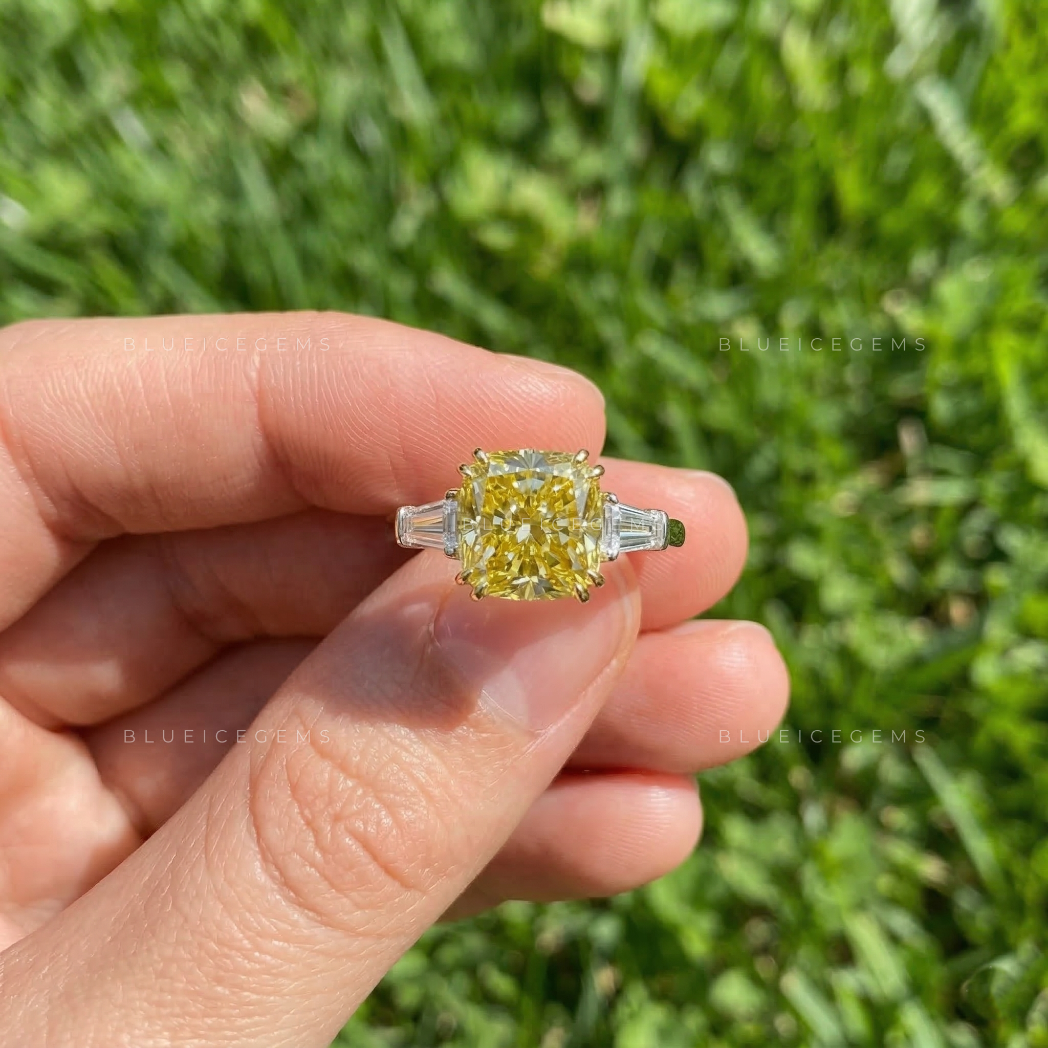 Radiant Canary Cushion Cut Three-Stone Ring
