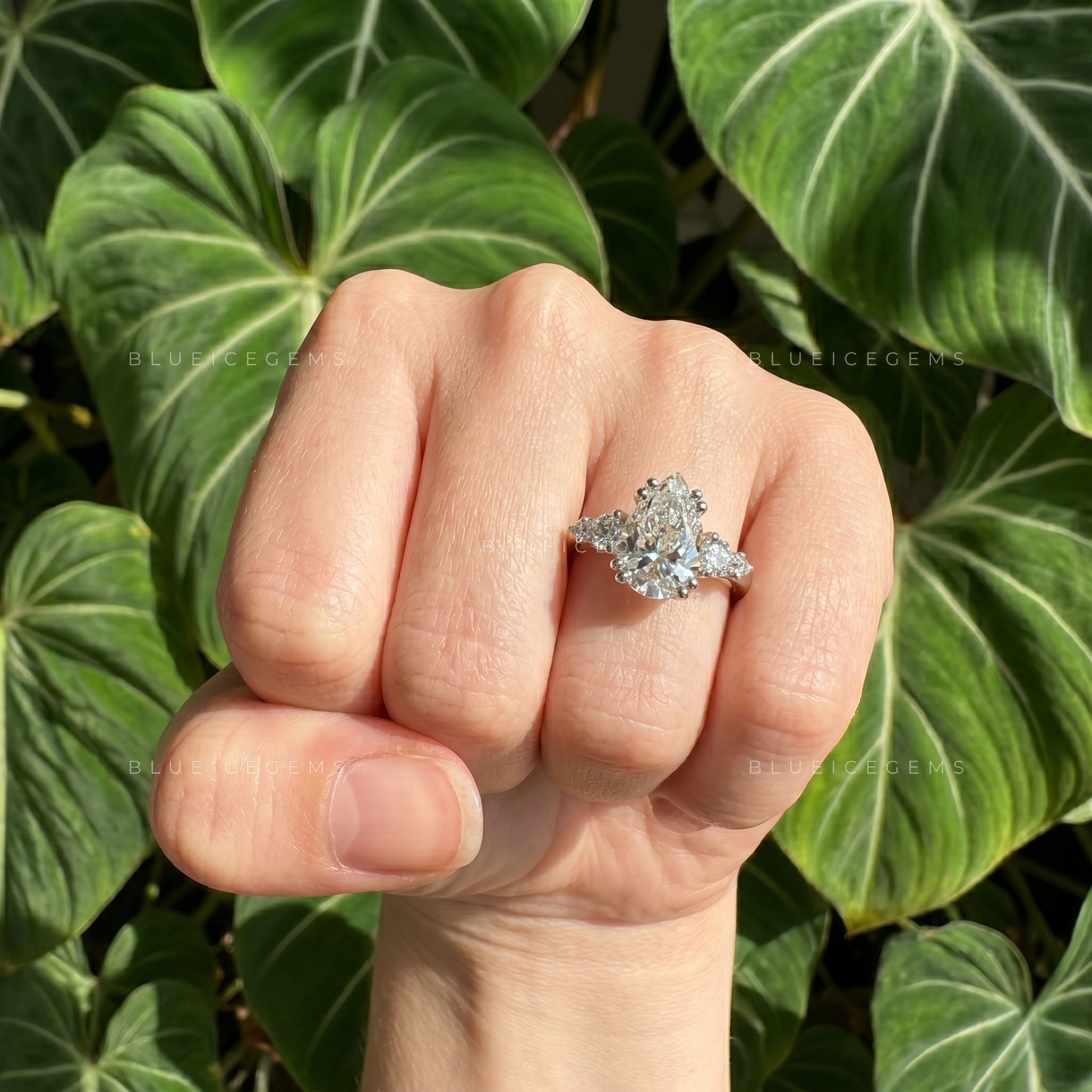 Luminous Majesty Pear Cut Five Stone Double Prong Engagement Ring