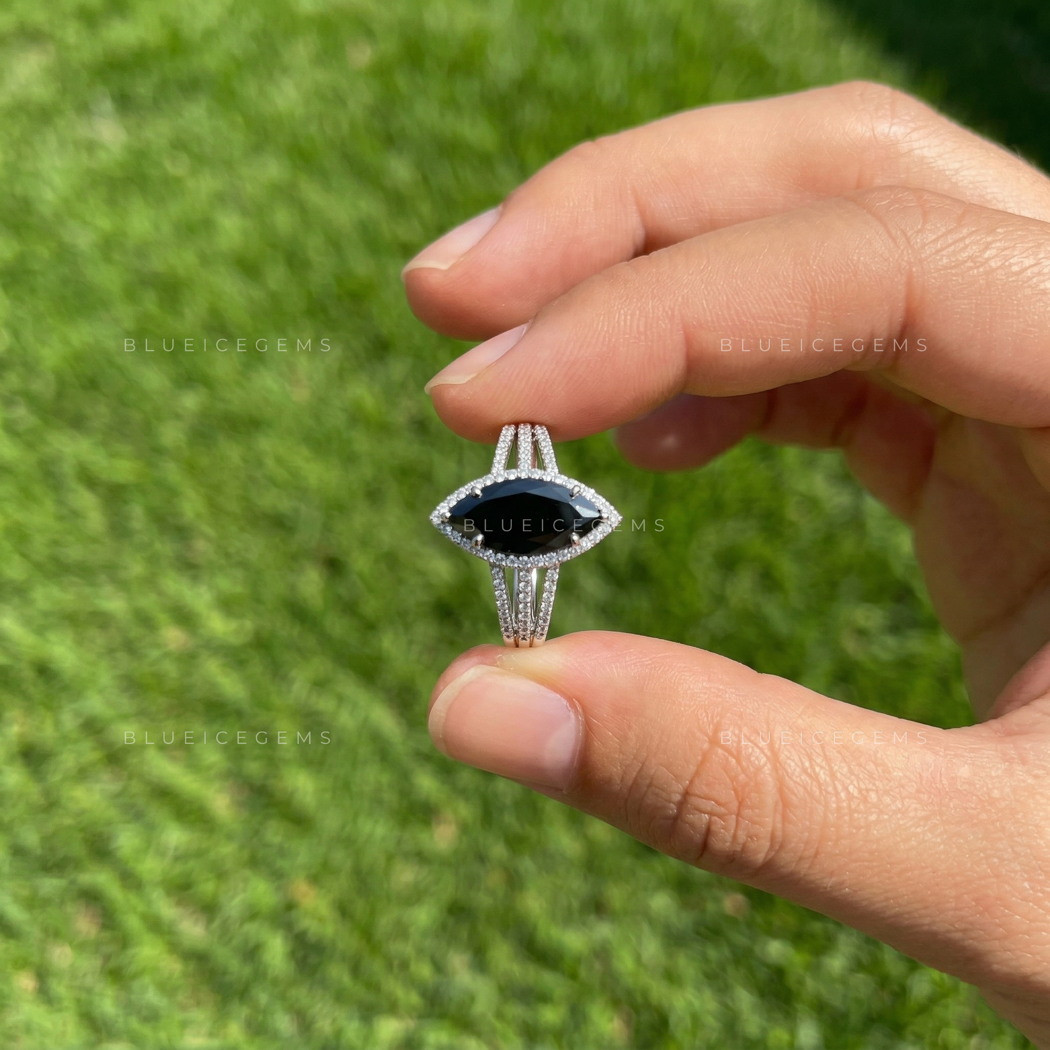 Midnight Noir Marquise Cut Black Diamond Grand Halo Ring