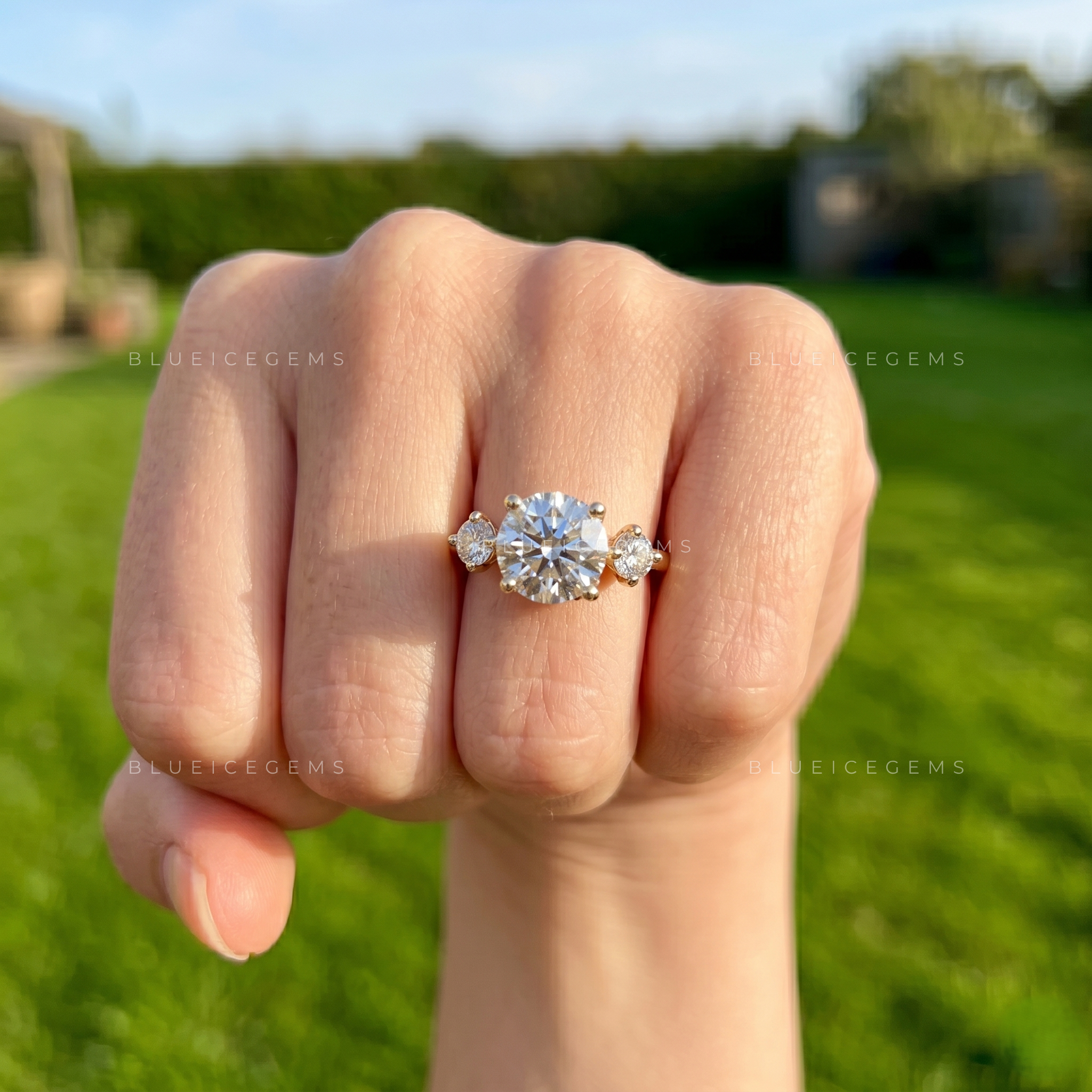 Radiant Three-Stone Round Brilliant Cut Heirloom Engagement Ring