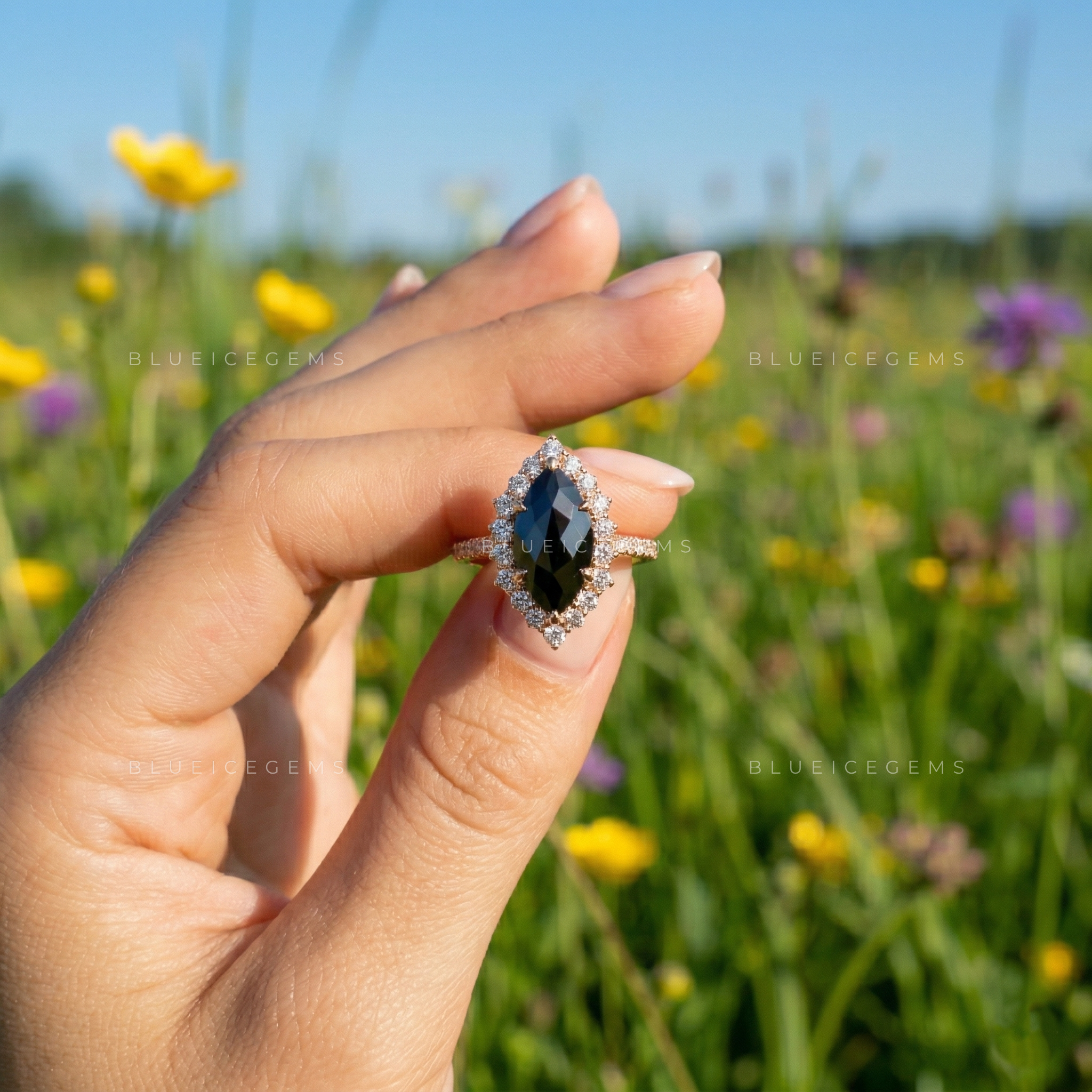 Midnight Botanical Marquise Flower Rose Cut Black Diamond Ring