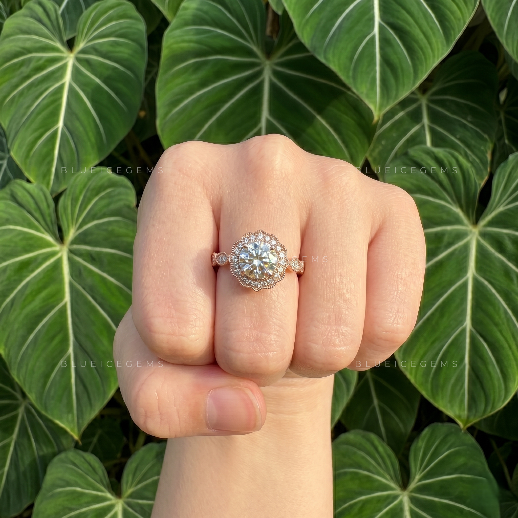 Art Deco Round Cut Halo Cathedral Engagement Ring