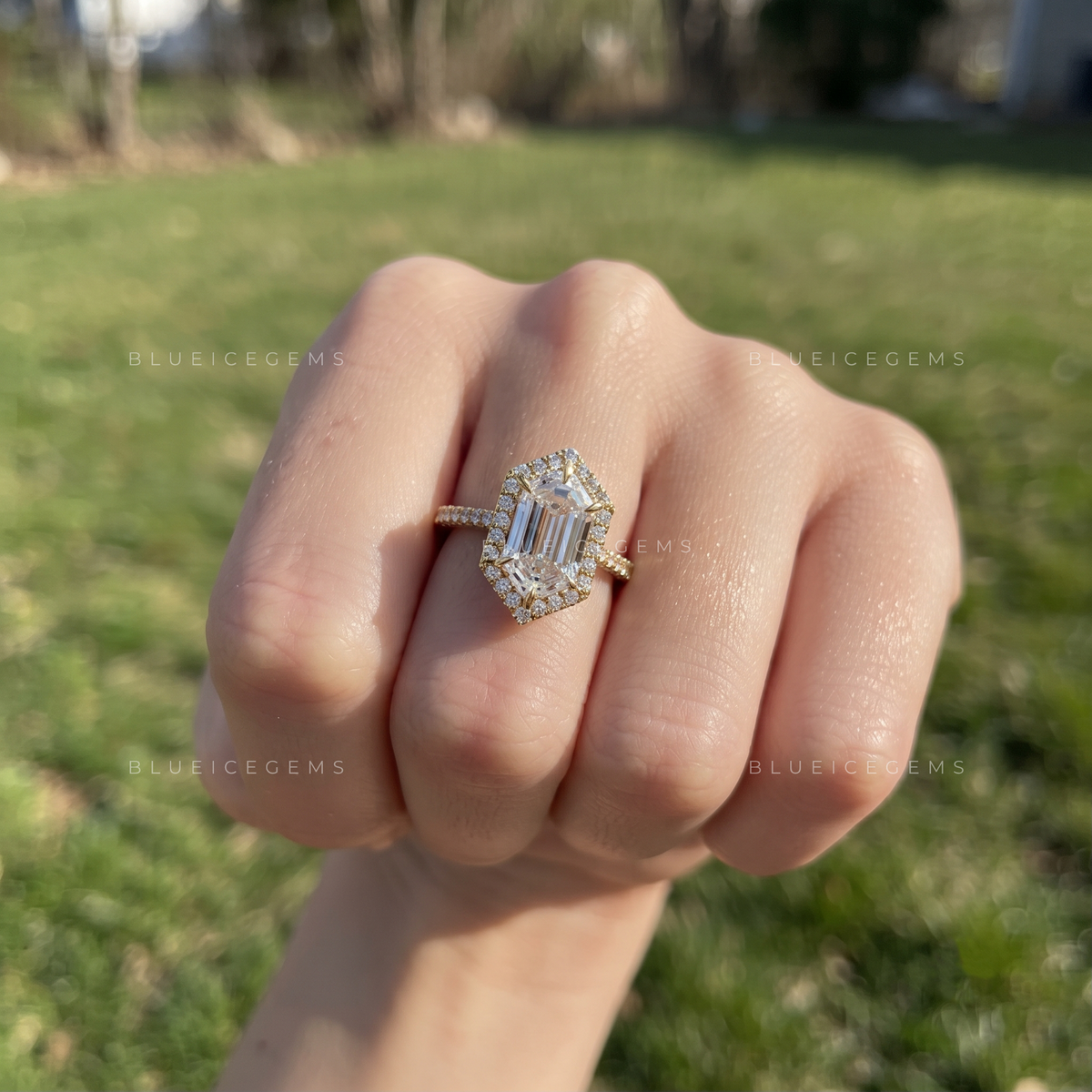 Celestara Elongated Hexagon Halo Pavé Engagement Ring