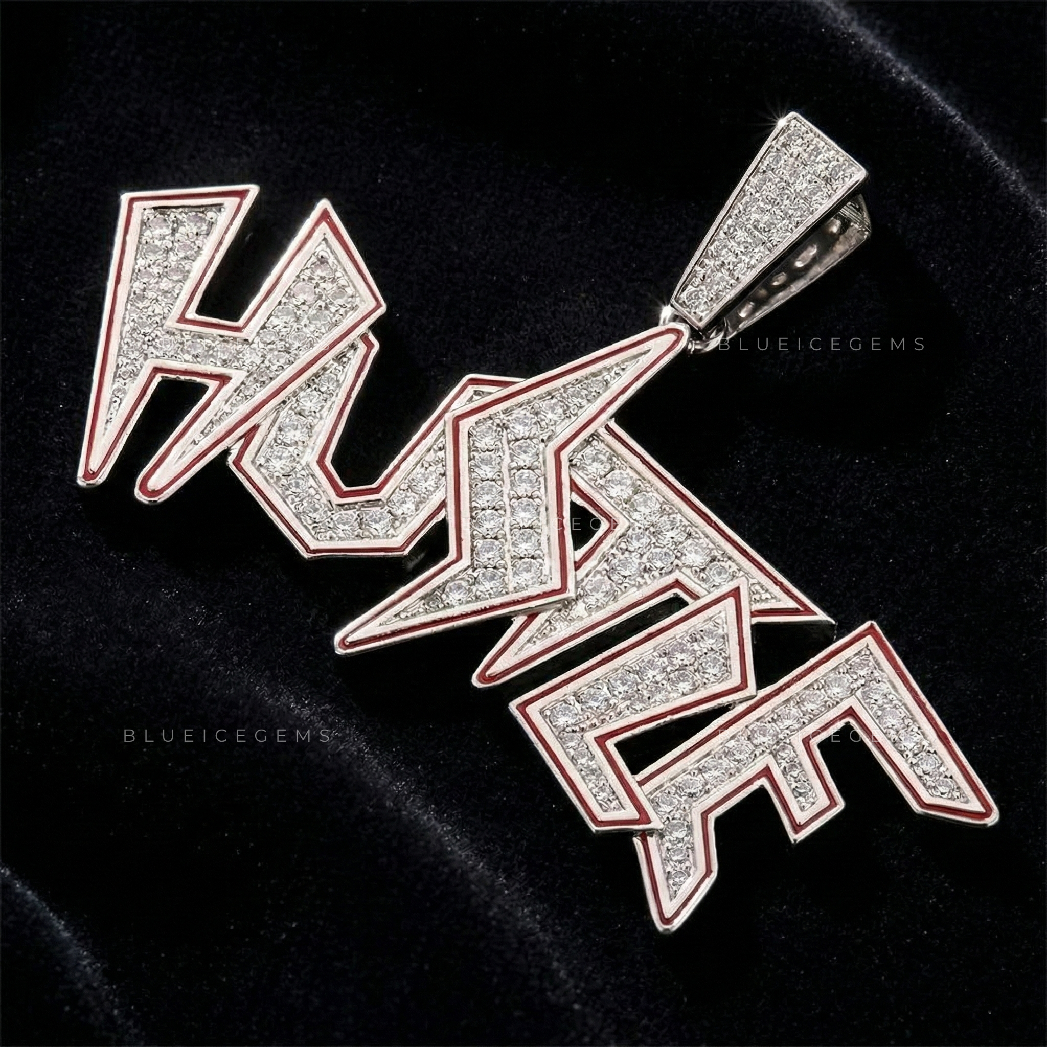 The "HUSTLE" High-Voltage: Jagged Lightning Script & Crimson Contour Pendant