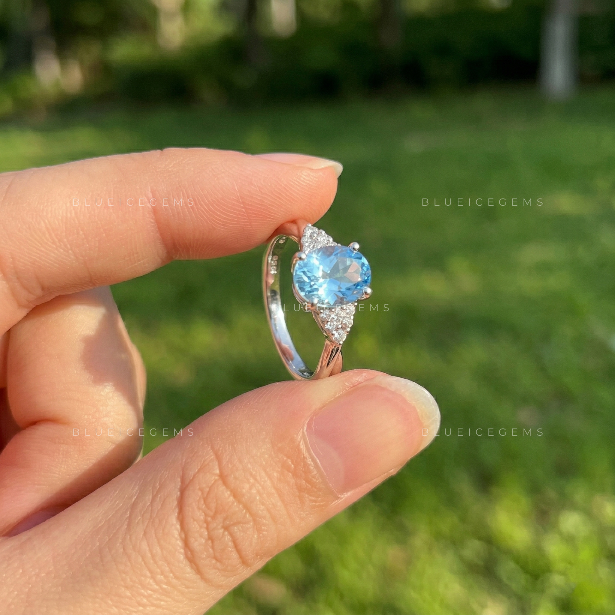 Sapphire Sky Oval Blue Diamond Floral Engagement Ring
