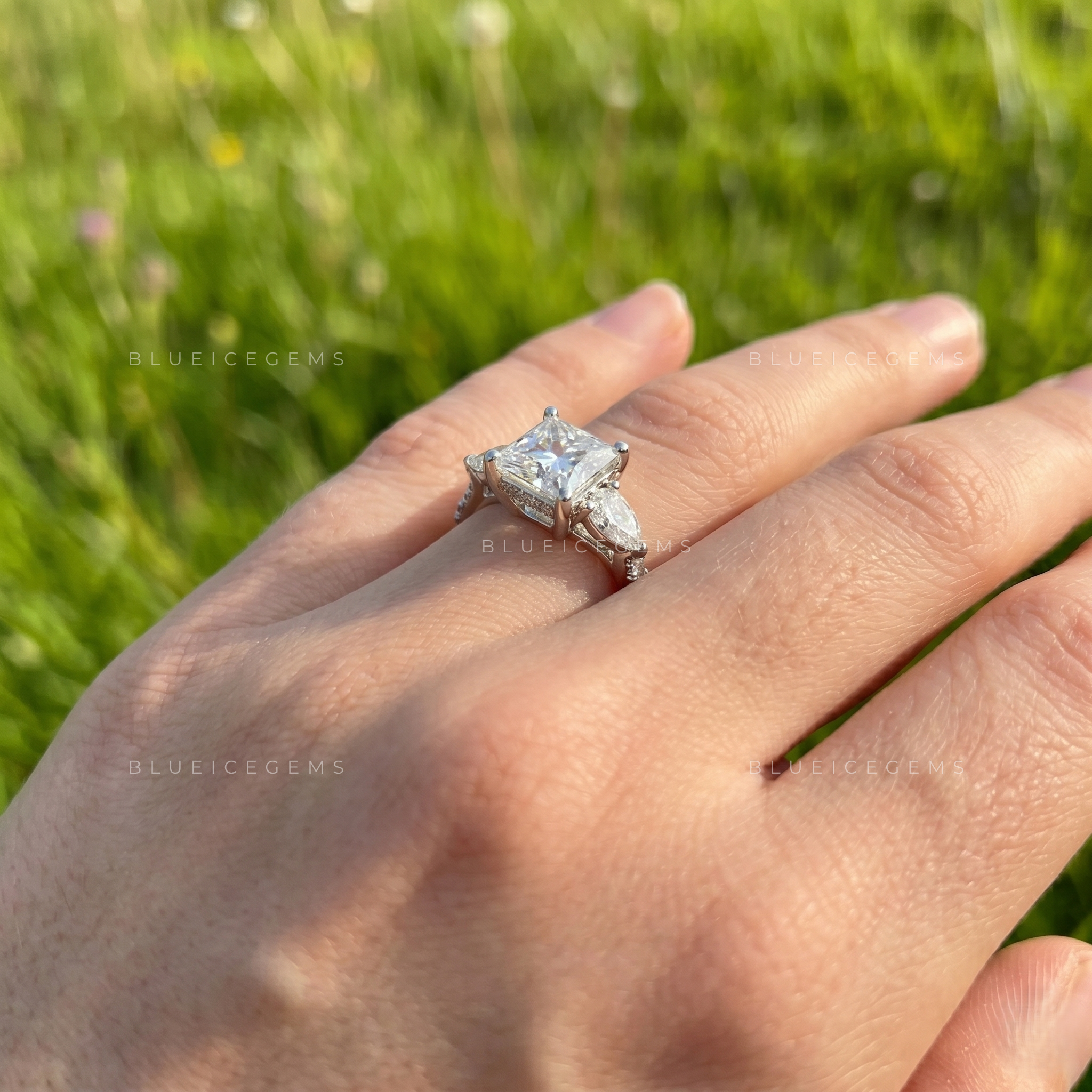 Imperial Elegance Princess Cut with Side Pear and Round Accent Trilogy Ring