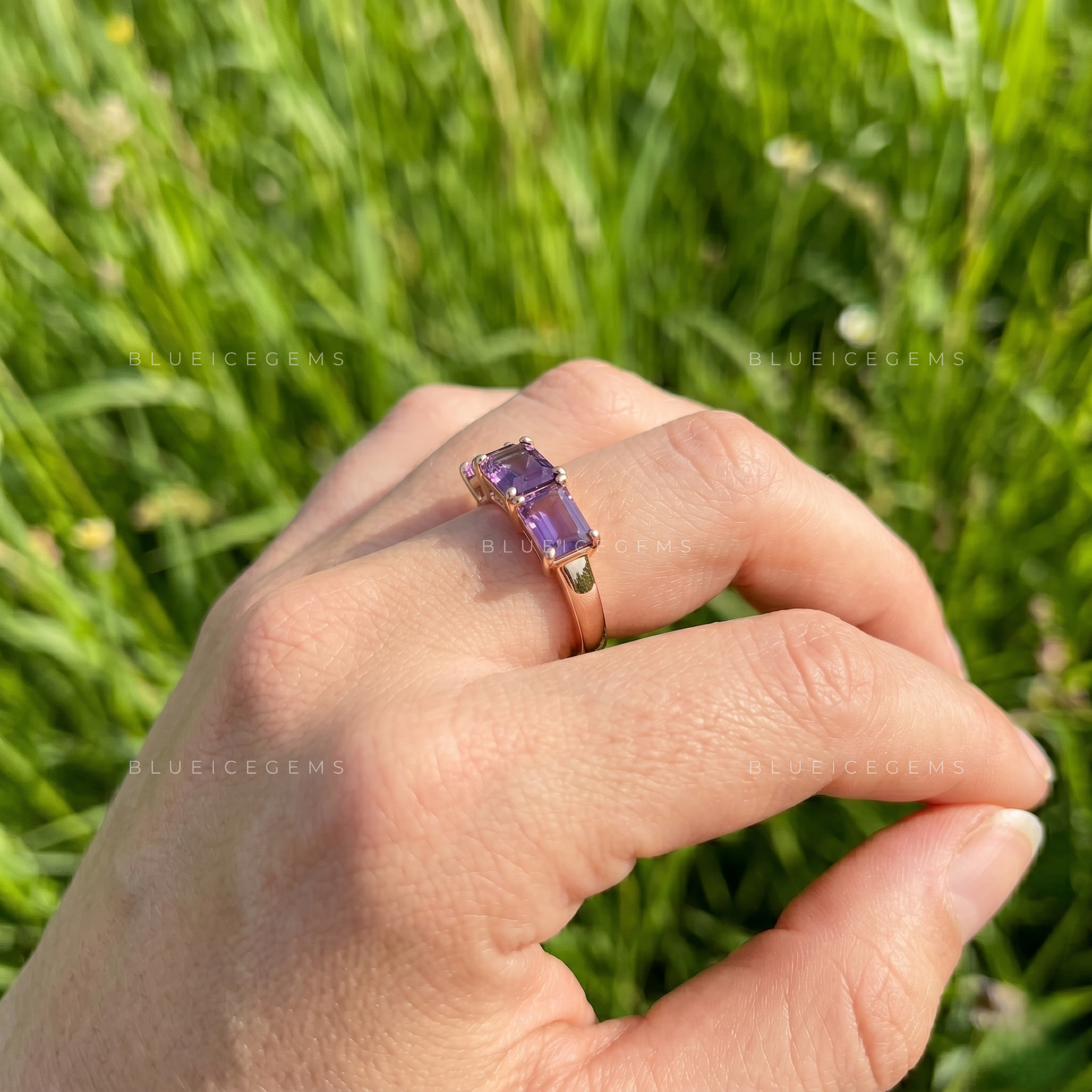 Vintage Mystique Emerald Cut Lavender Amethyst Three Stone Ring