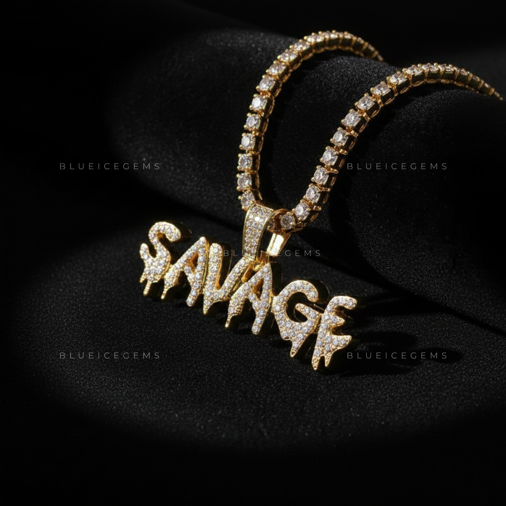 The "SAVAGE" Drip: Liquid-Effect 3D Bubble Script & Golden Halo Pendant