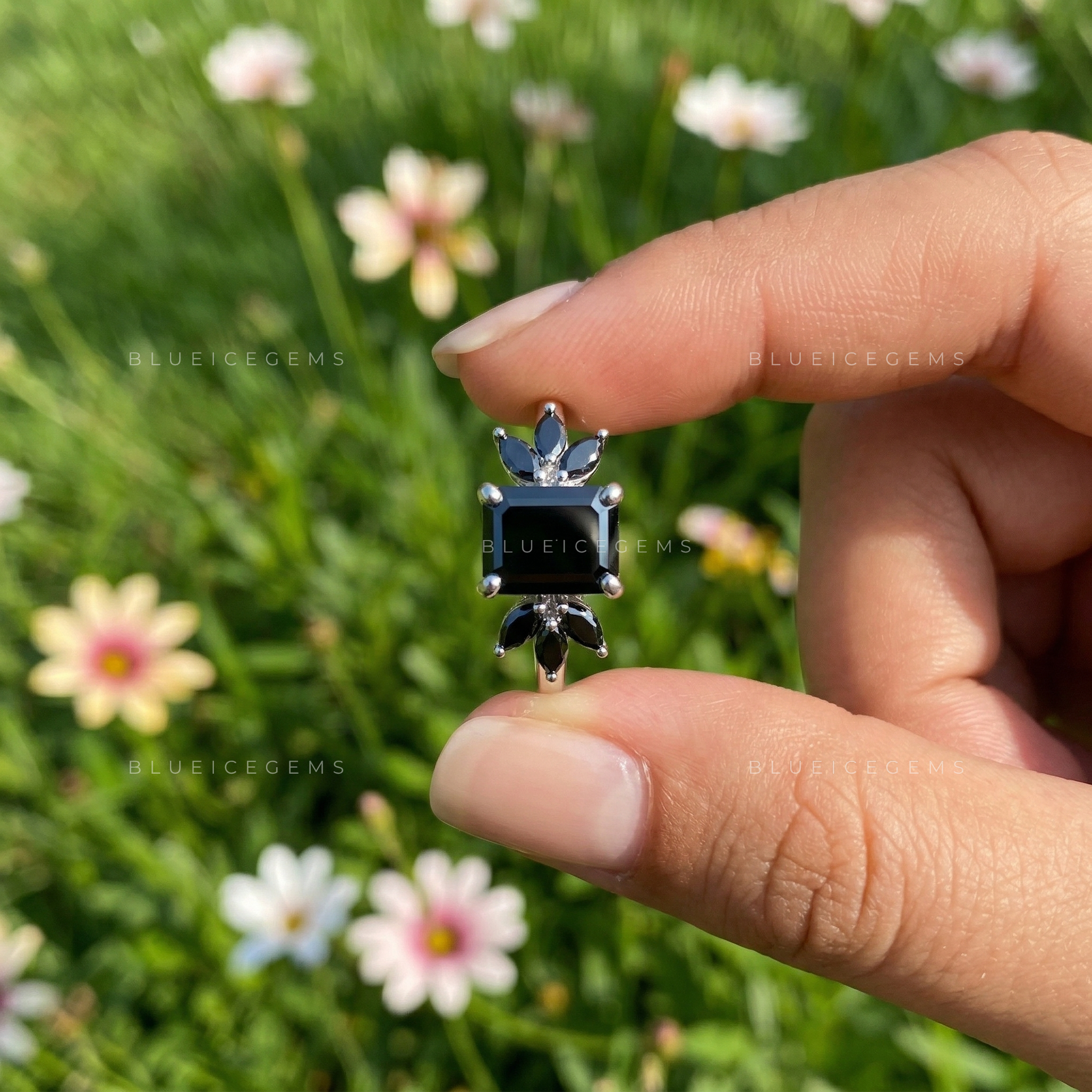 Midnight Noir Emerald Cut Black Diamond Nature-Inspired Ring