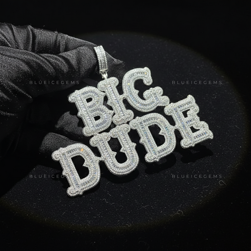 "DRE" Custom Gothic Script Iced-Out Pendant with Baguette and Round Diamonds