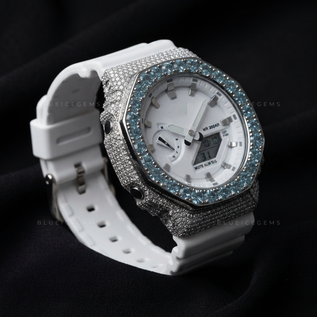 Aqua Frost Mirage Iced Watch – Blue Moissanite & White Resin