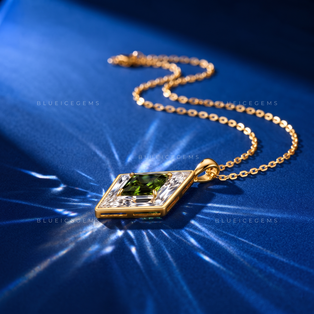 Lozenge Cut White and Emerald Green Diamond Pendant