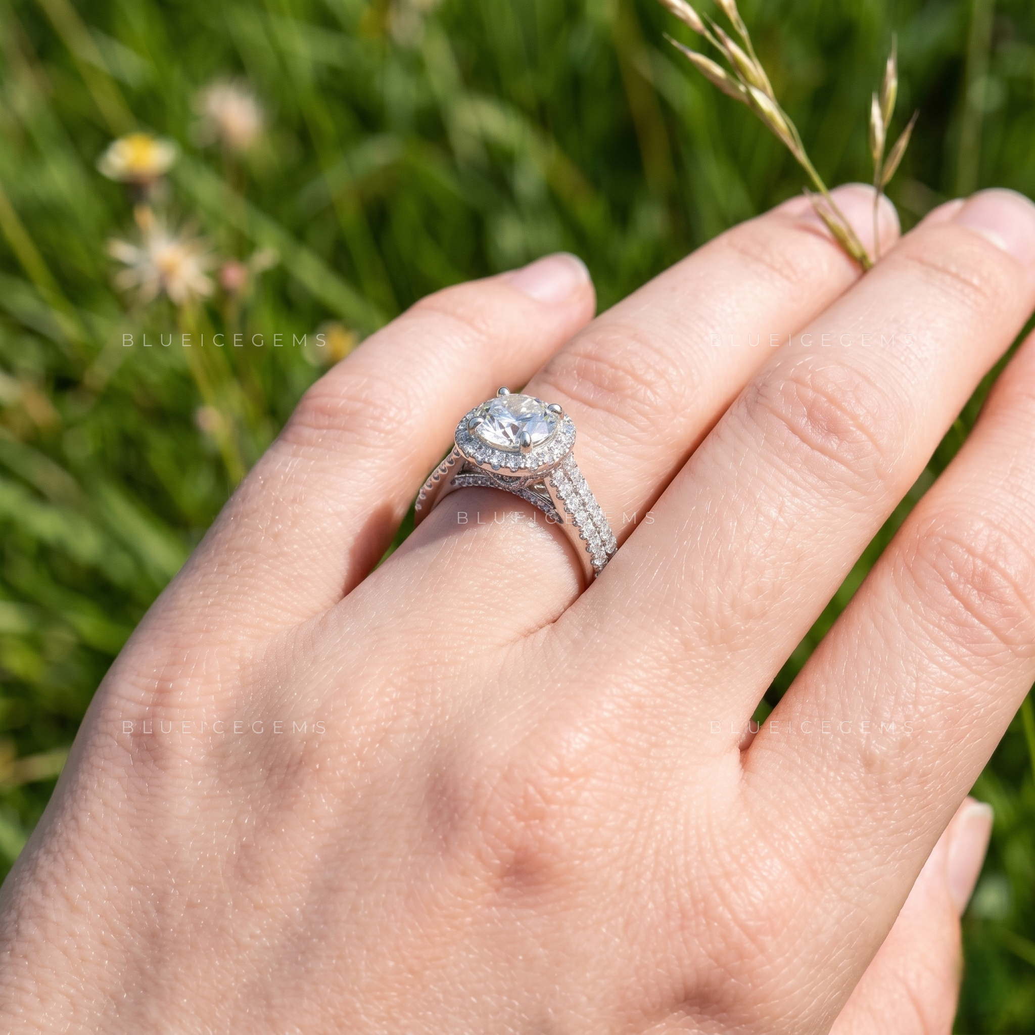 Majestic Splendor Round Brilliant Cut Halo Double Row Pave Engagement Ring