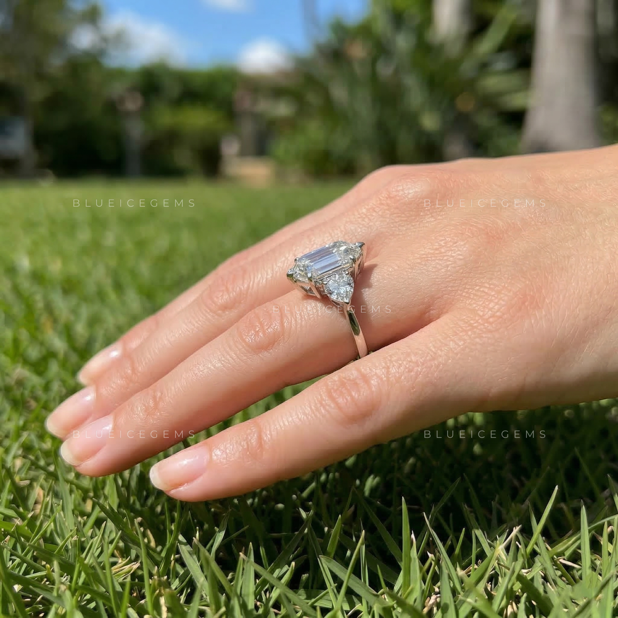 Mystic Slate Hexagon Cut Three-Stone Ring