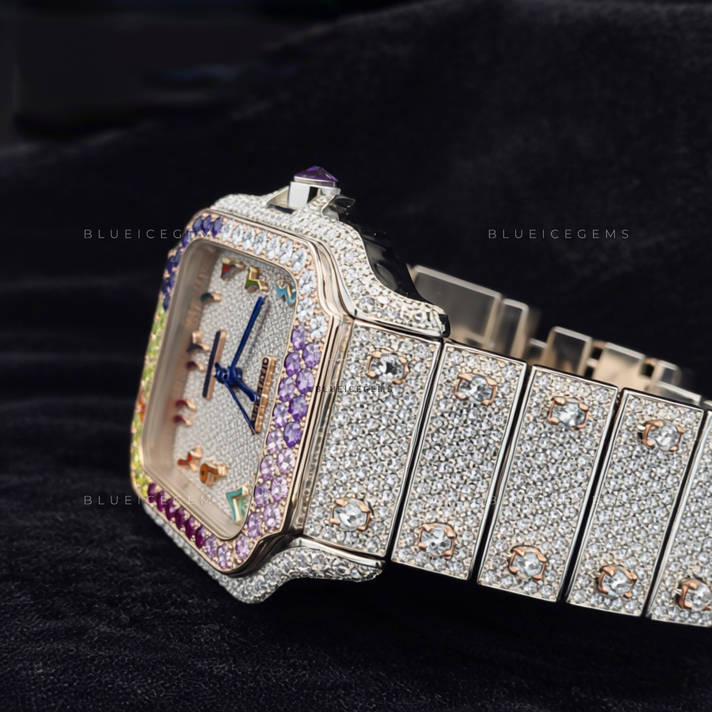Prism Spectrum: Fully Iced-Out Custom Arabic Rainbow Watch