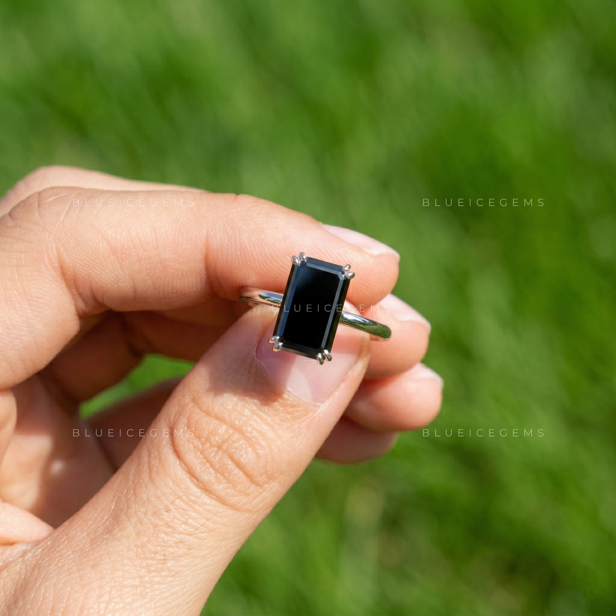 Midnight Noir Elongated Emerald Cut Black Diamond Solitaire Ring